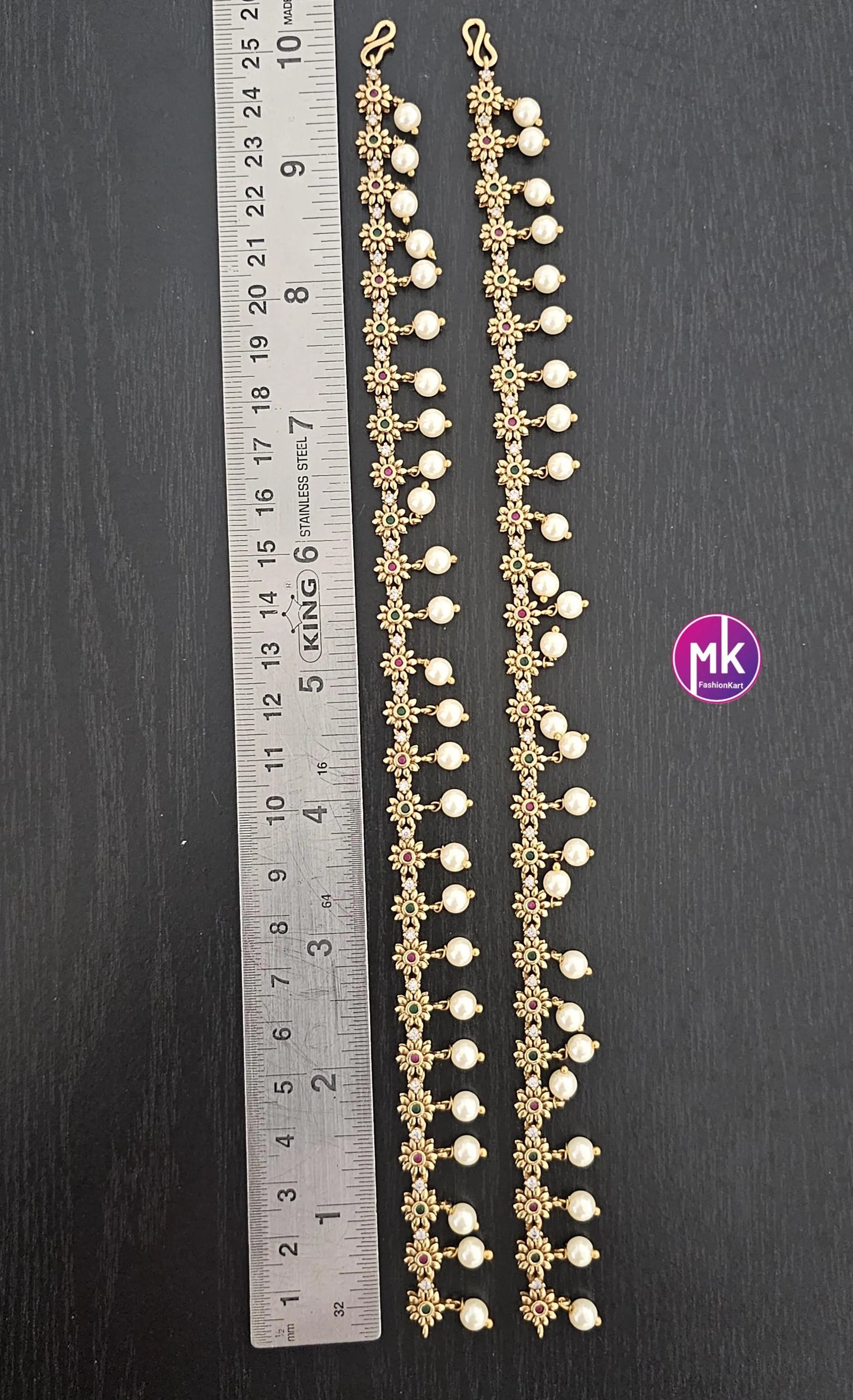 Matte gold finish/Gold finish Premium Quality AD stone Multi-color Anklet/Leg chain/kolusu with hanging pearls - MK Fashionkart