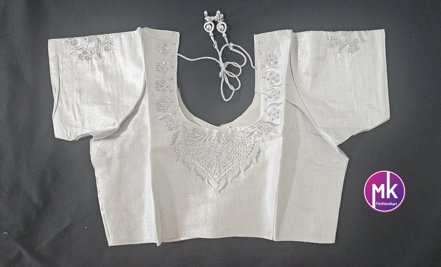 Silver Color Readymade Saree Blouse - Silk with Embroidery blouse - Size 40 - Saree/Lehenga Blouse - MK Fashionkart