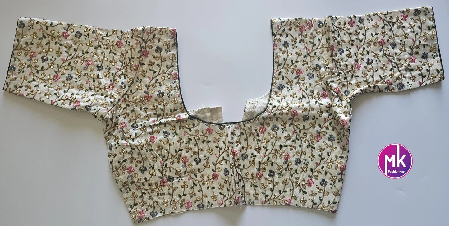 Readymade Saree Blouse - Cream Floral Blouse - Floral design Embroidery work blouse - Saree/Lehenga blouse - Size 40", 42" - MK Fashionkart