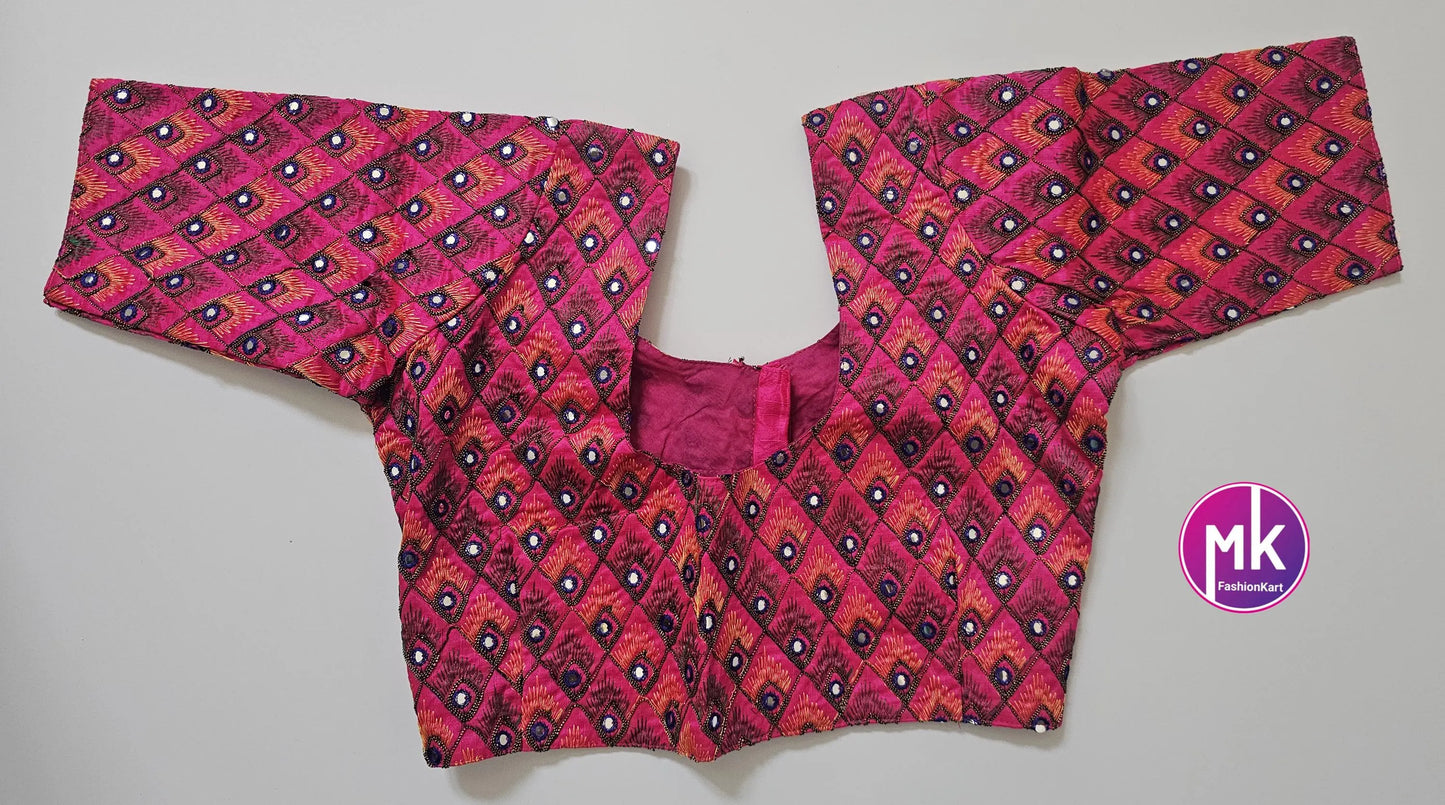 Readymade Saree Blouse - Peacock Feather design Blouse with mirror work - Saree/Lehenga blouse - Size 36", 38", 40" - MK Fashionkart