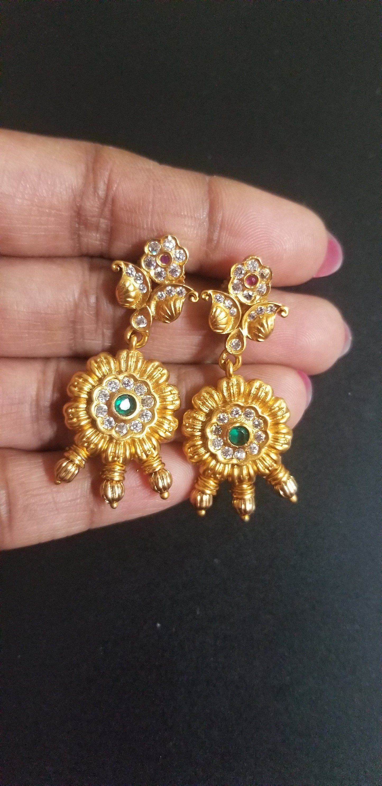 Matte Finish Flower Pendent with bead chain and Marching Earrings - MK Fashionkart - Indian Jewelry- Indian Jewelry