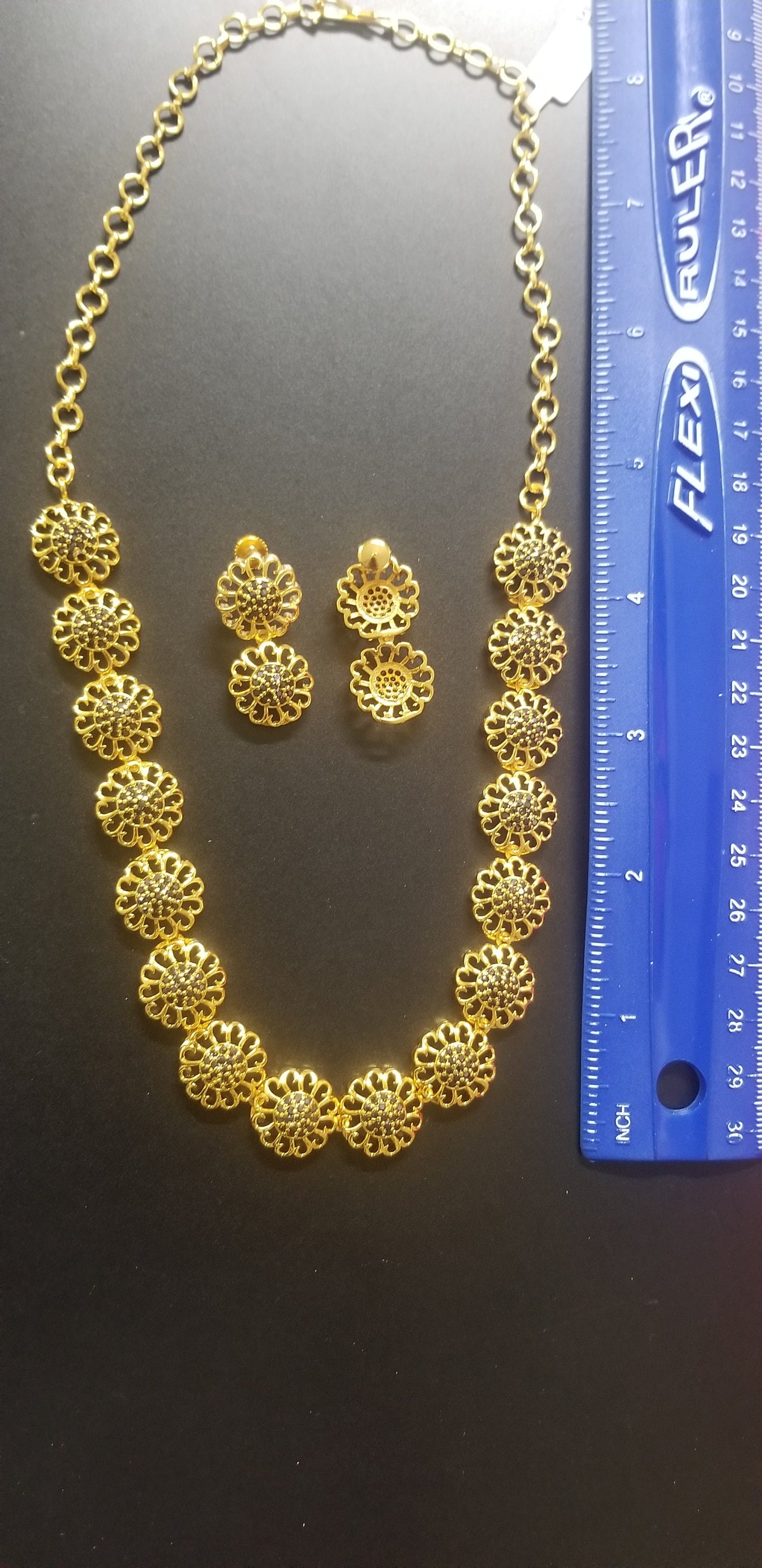 Flower Type Gold Polish Black stone Necklace with matching Earrings - Flower type Necklace - MK Fashionkart