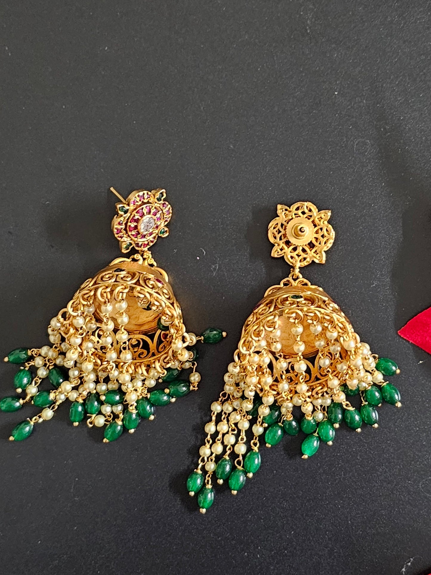 Premium Quality premium polish Antique matte finish Big Jhumka with precious bead and pearl hangings - MK Fashionkart - Fashion Jewelry
