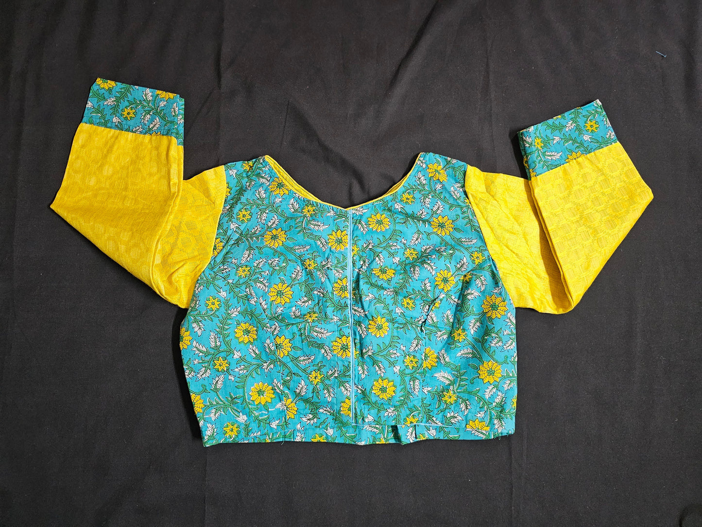 Vogue Magil Brocade Linen Silk Yellow Saree with Blue Boutique blouse- Saree with stitched blouse - Blouse size 40