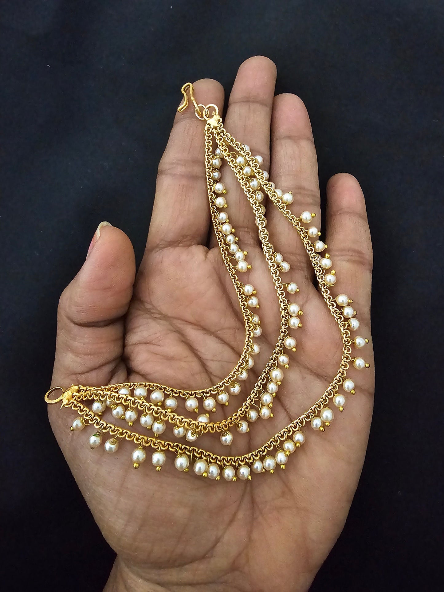 Gold finish Jhumka Chain/Earring chain /Earring Mattal/Matti - Three layer pearl Mattal/Matti/Kaan chain - MK Fashionkart - Fashion Jewelry