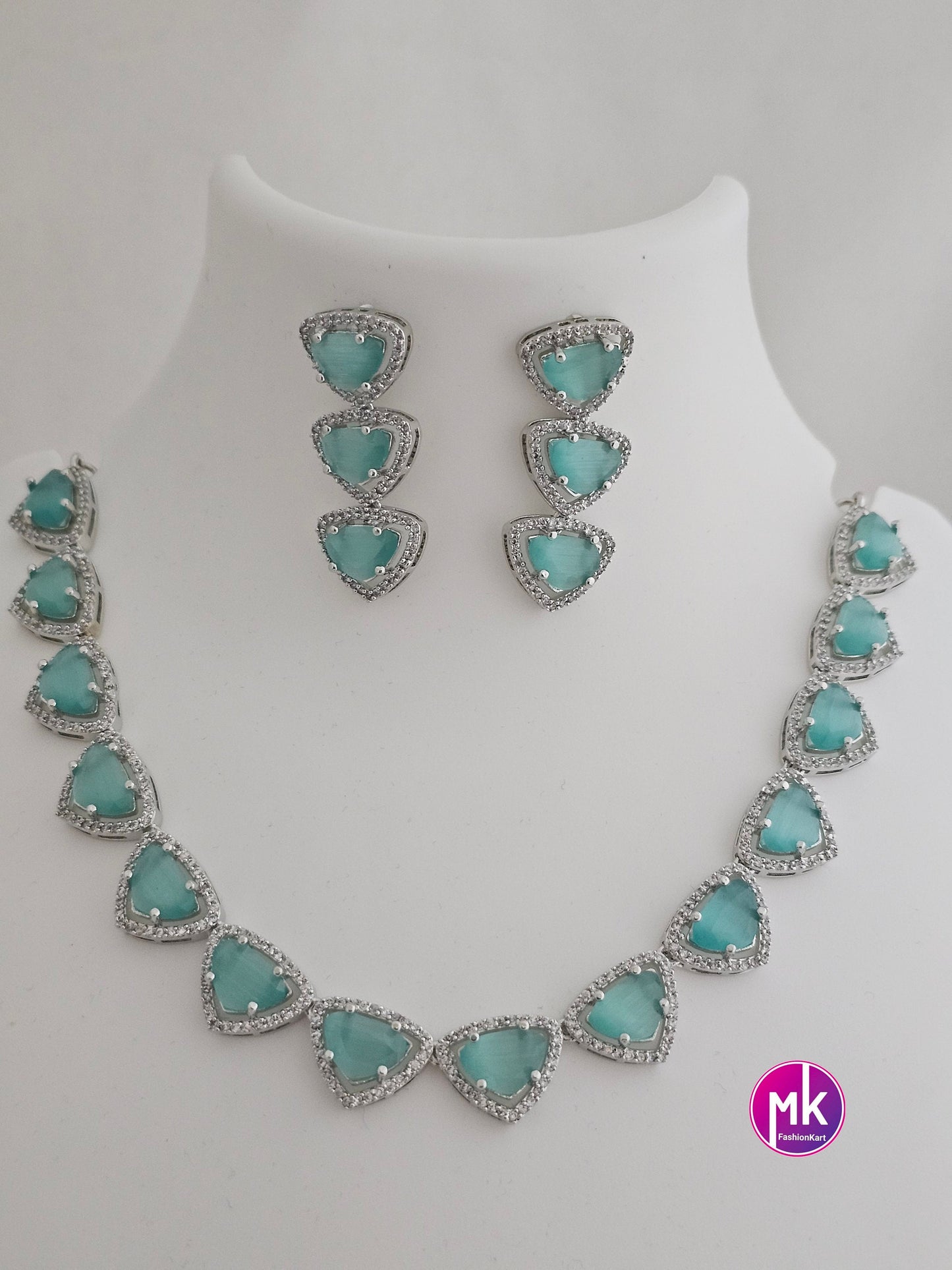 American Diamond Silver Finish AD Stone Teel Green Necklace with Earrings - Adult cum Teen Necklace - Diamond Replica - MK Fashionkart
