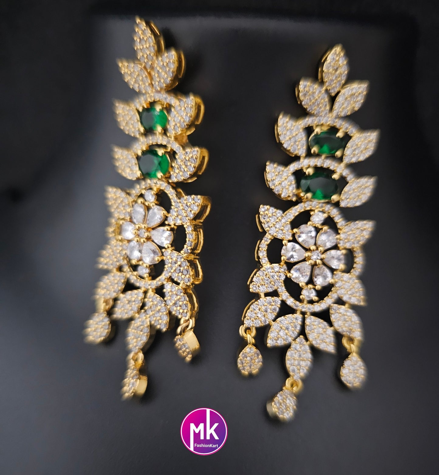 Premium Gold finish CZ/AD Stone Green Choker with matching long Earrings - Prom Choker - Gold Jewelry Replica - MK Fashionkart