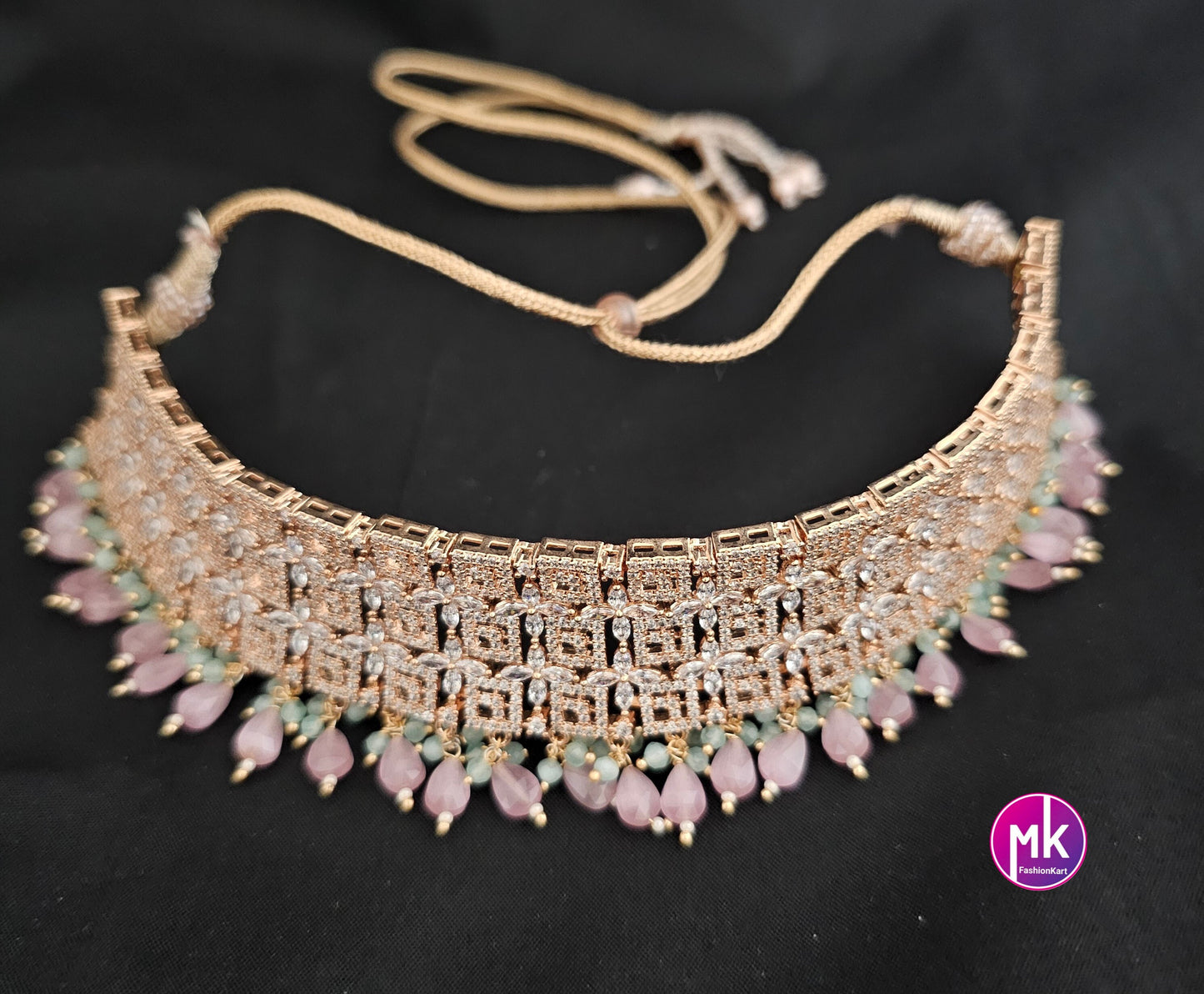 Rose gold Gorgeous AD Stone Bridal Choker w hanging precious bead and matching long Earrings - Bridal/Partywear choker - Gold jewel Replica