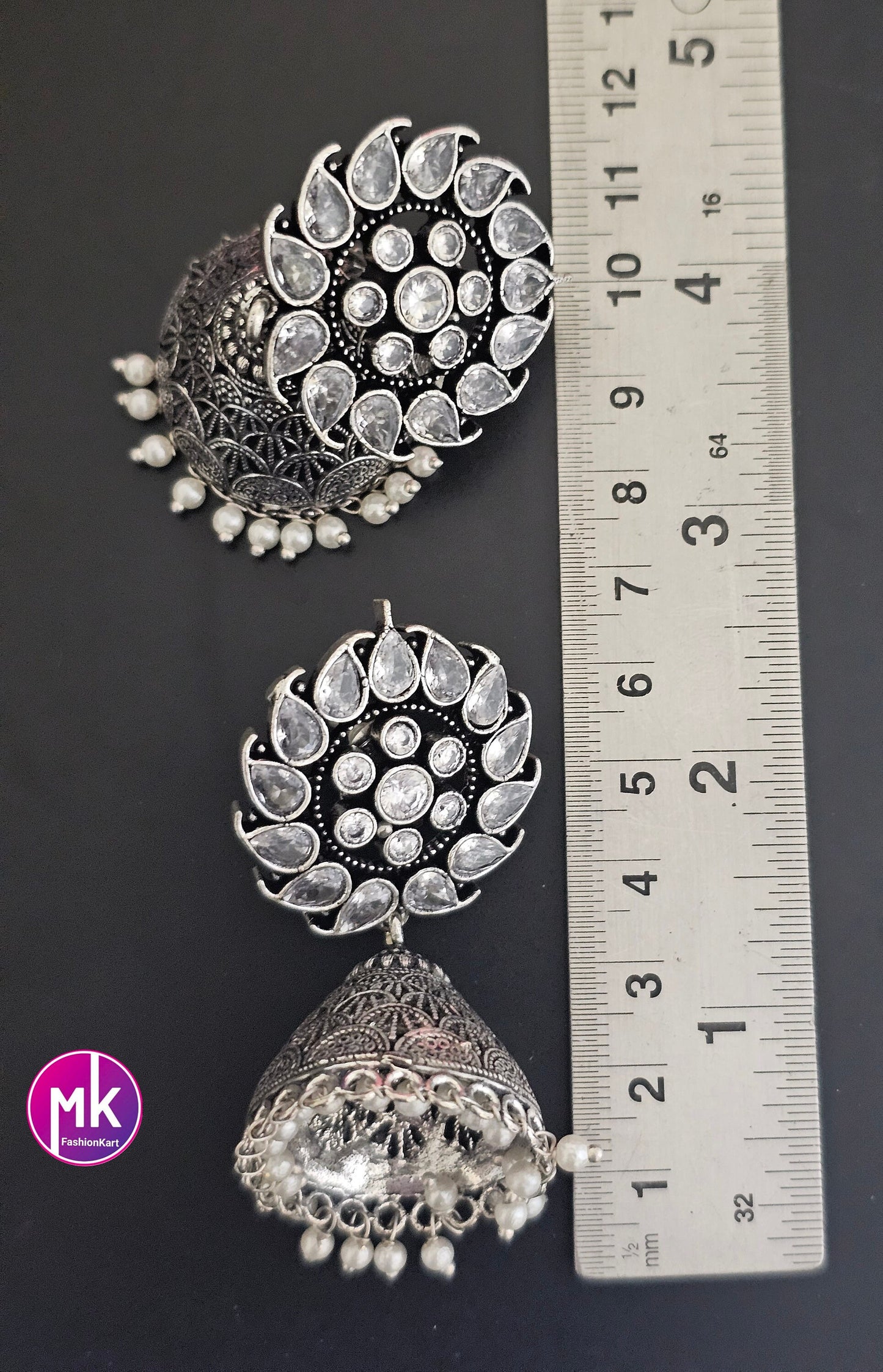 Silver Oxidized white stones Jhumka with hanging pink beads - MK Fashionkart - Fashion Jewelry