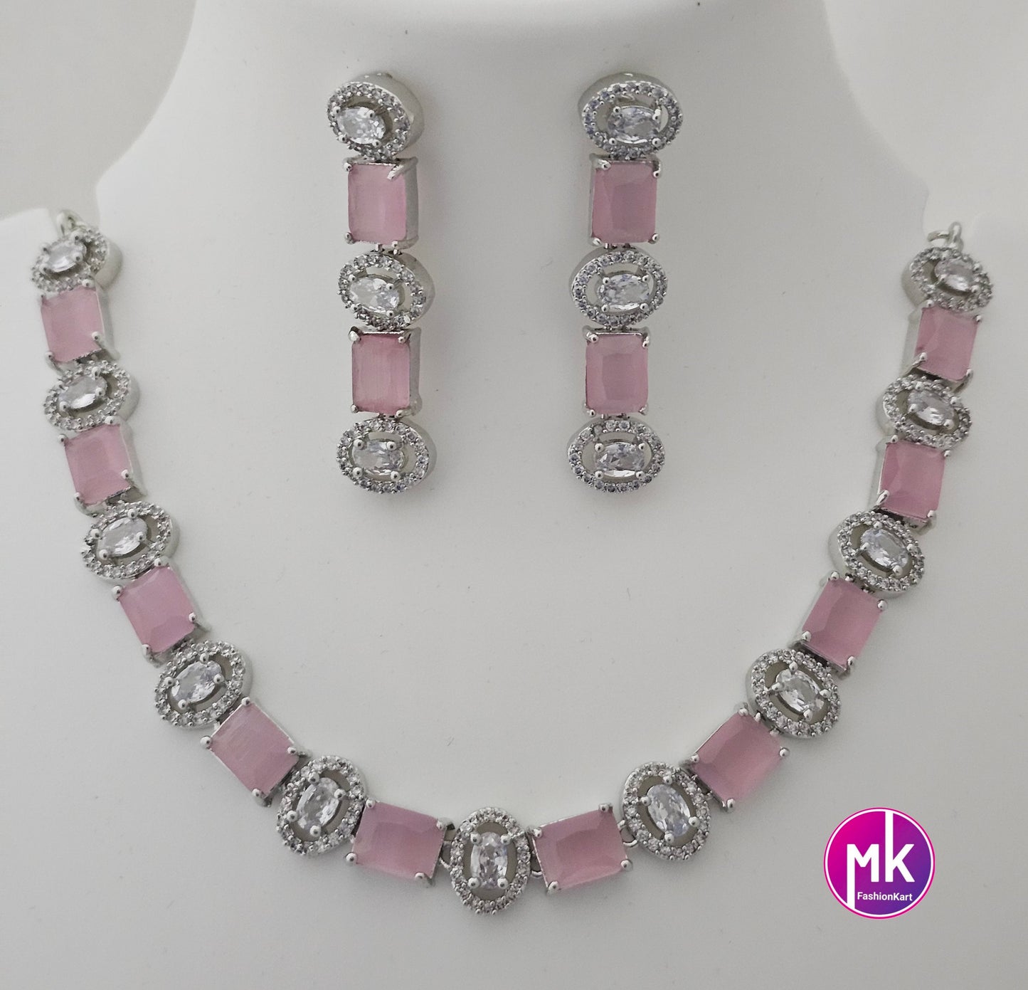 American Diamond Silver Finish CZ/AD Stone Baby pink Necklace with Earrings - Adult cum Teen Necklace - Diamond Replica - MK Fashionkart