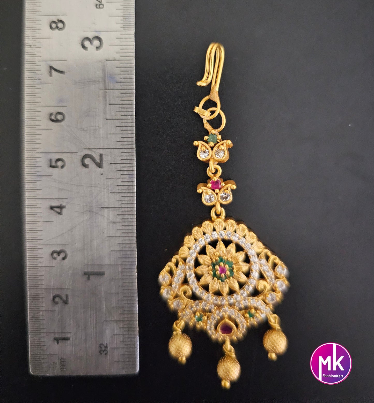 Flower design matte gold finish AD stone with gold ball hanging hangings Tikka/Nethichutti - MK Fashionkart - Indian Fashion Jewelry