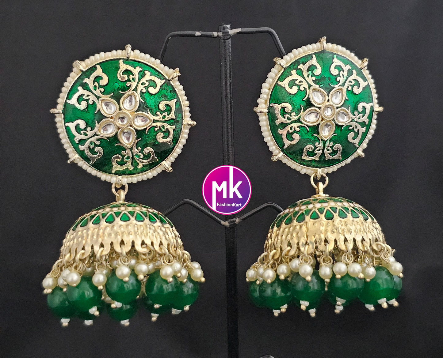 Bollywood Premium quality Big Meenakari piroyi Pearl big Jhumka with pearl hangings - MK Fashionkart - Fashion Jewelry