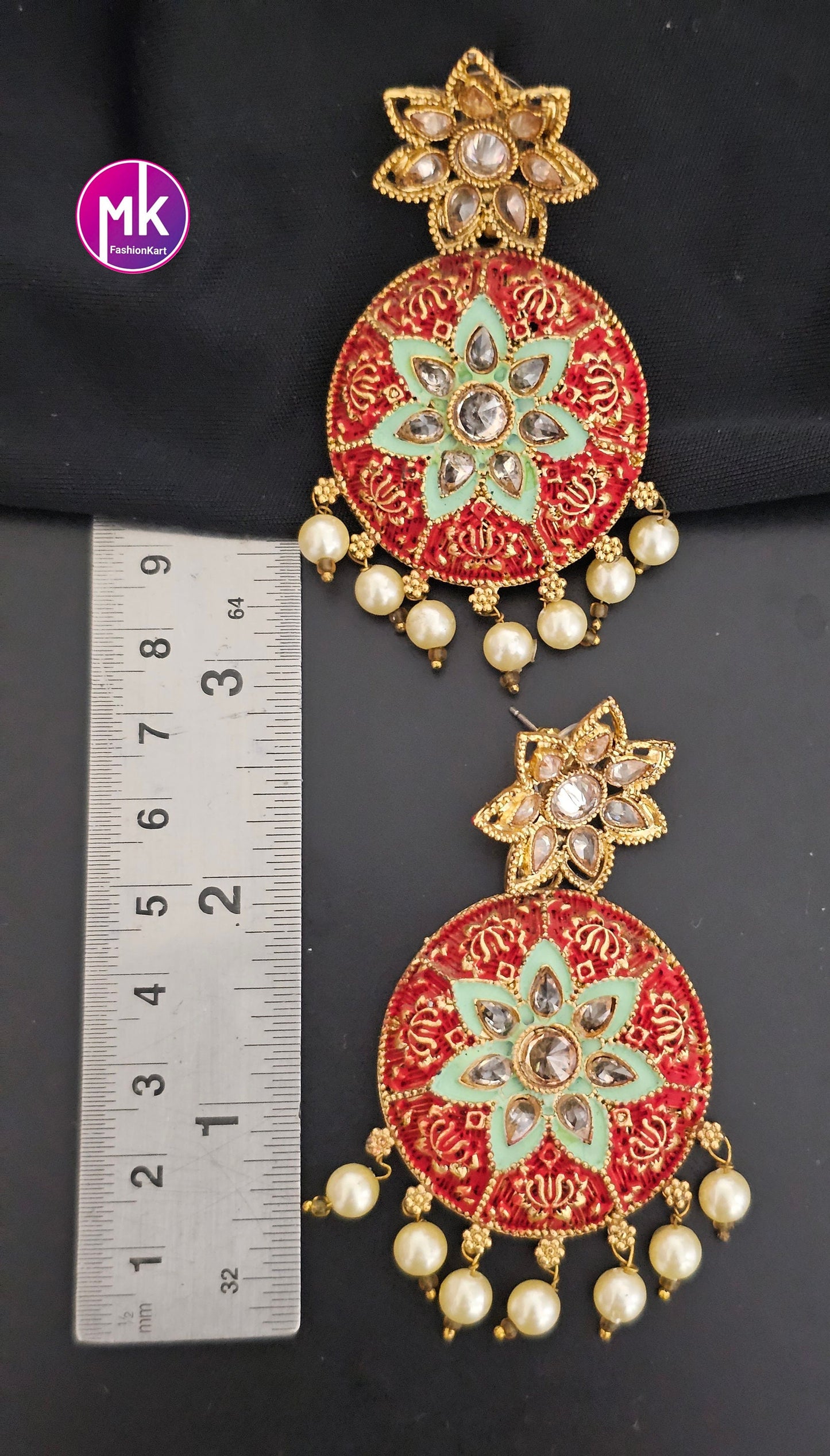 Bollywood Premium Quality Gold finish Meenakari with kundan stone Big Earrings with pearl hangings - MK Fashionkart - Fashion Jewelry