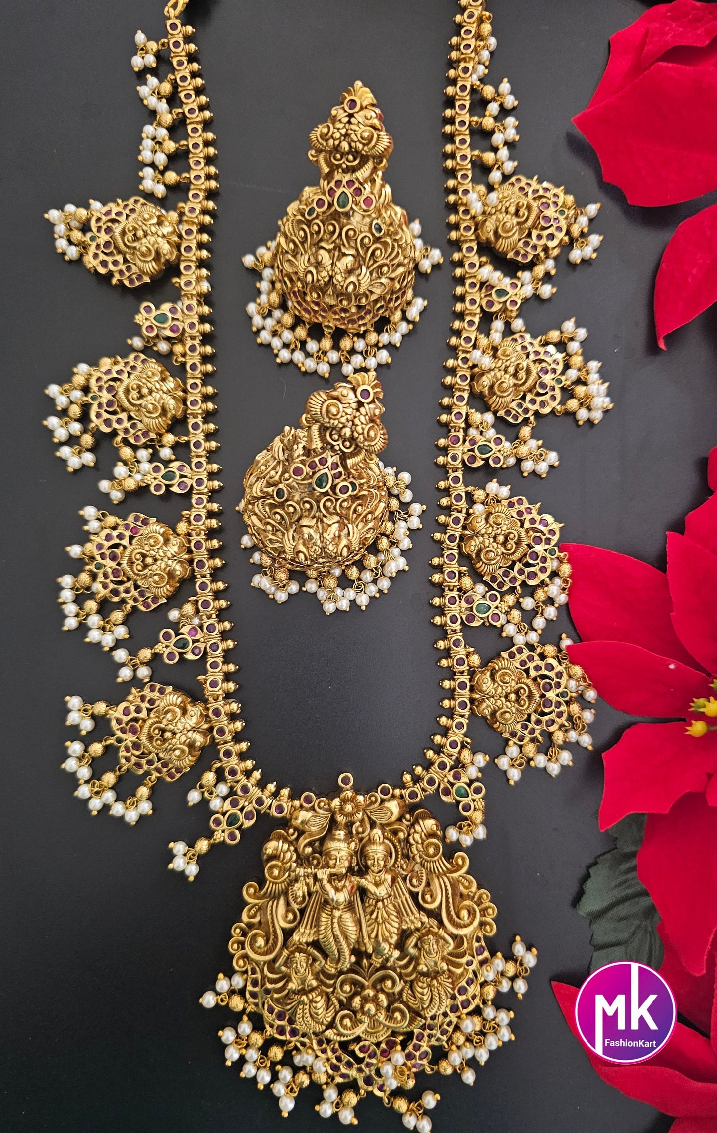 Beautiful Radhakrishna Premium quality Gold Jewelry Replica Haram with big pendent with matching Big Jhumka - Bridal Haram - MK Fashionkart