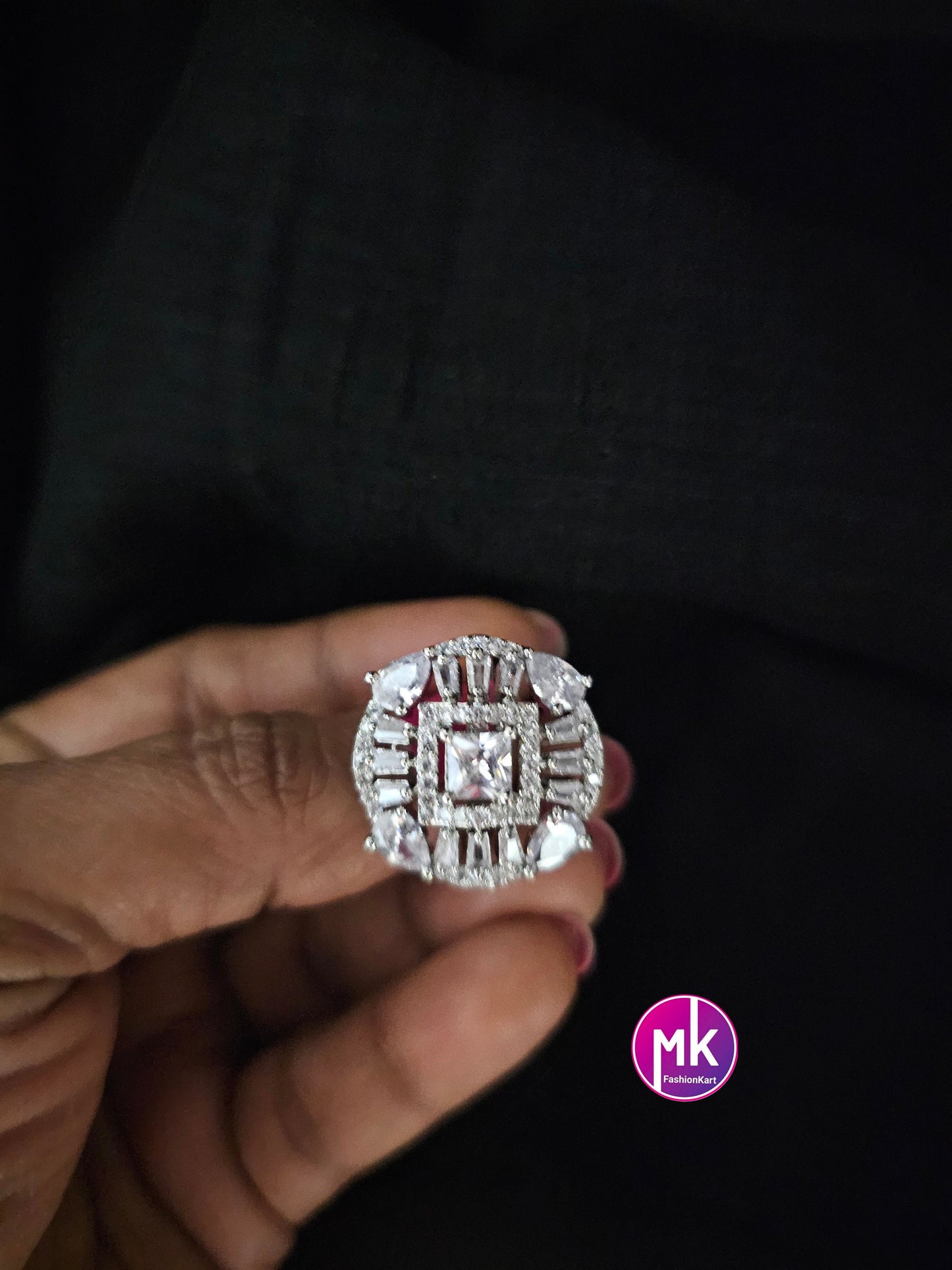 Silver Finish premium quality AD White stone Finger Ring (Adjustable)/Bollywood Ring - MK Fashionkart