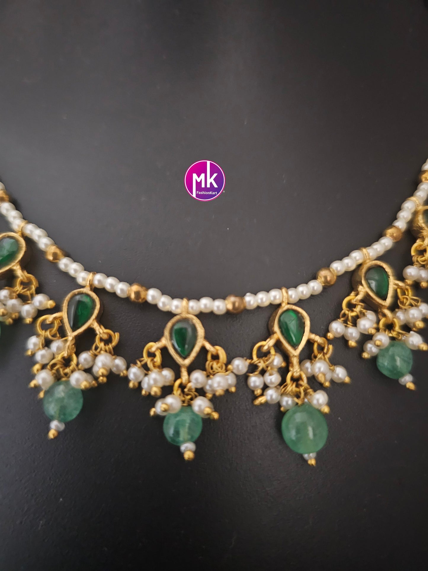 Emerald stone Gold finish piroyi pearls beautiful pastel green monalisa hanging bead Necklace - MK Fashionkart - Fashion Jewelry