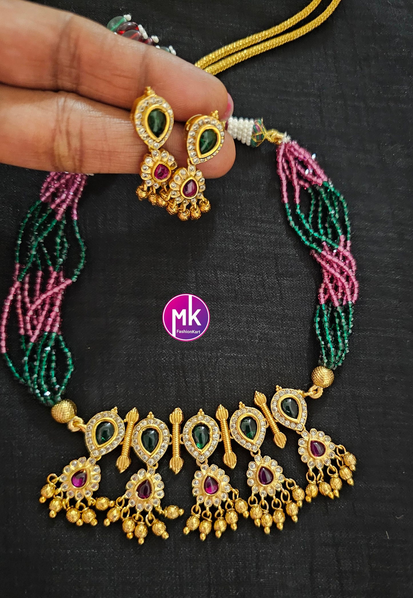 Kemp stone Choker with Multi-strand crystal chain - Choker cum Necklace - MK Fashionkart - Fashion Jewelry
