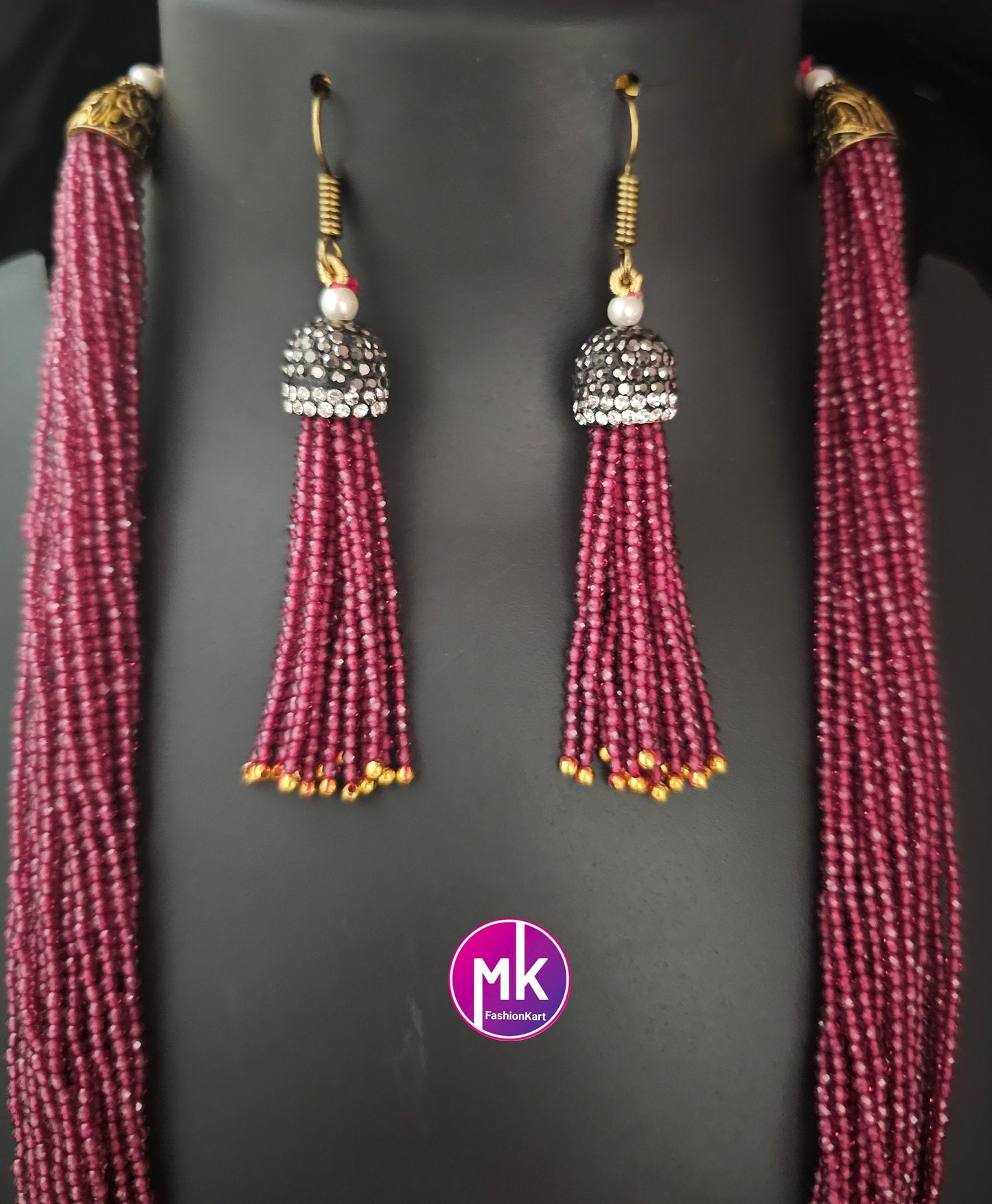Multi-strand Crystal bead long chain with long Earrings - Long chain with Earrings - Fashion Jewelry - MK Fashionkart