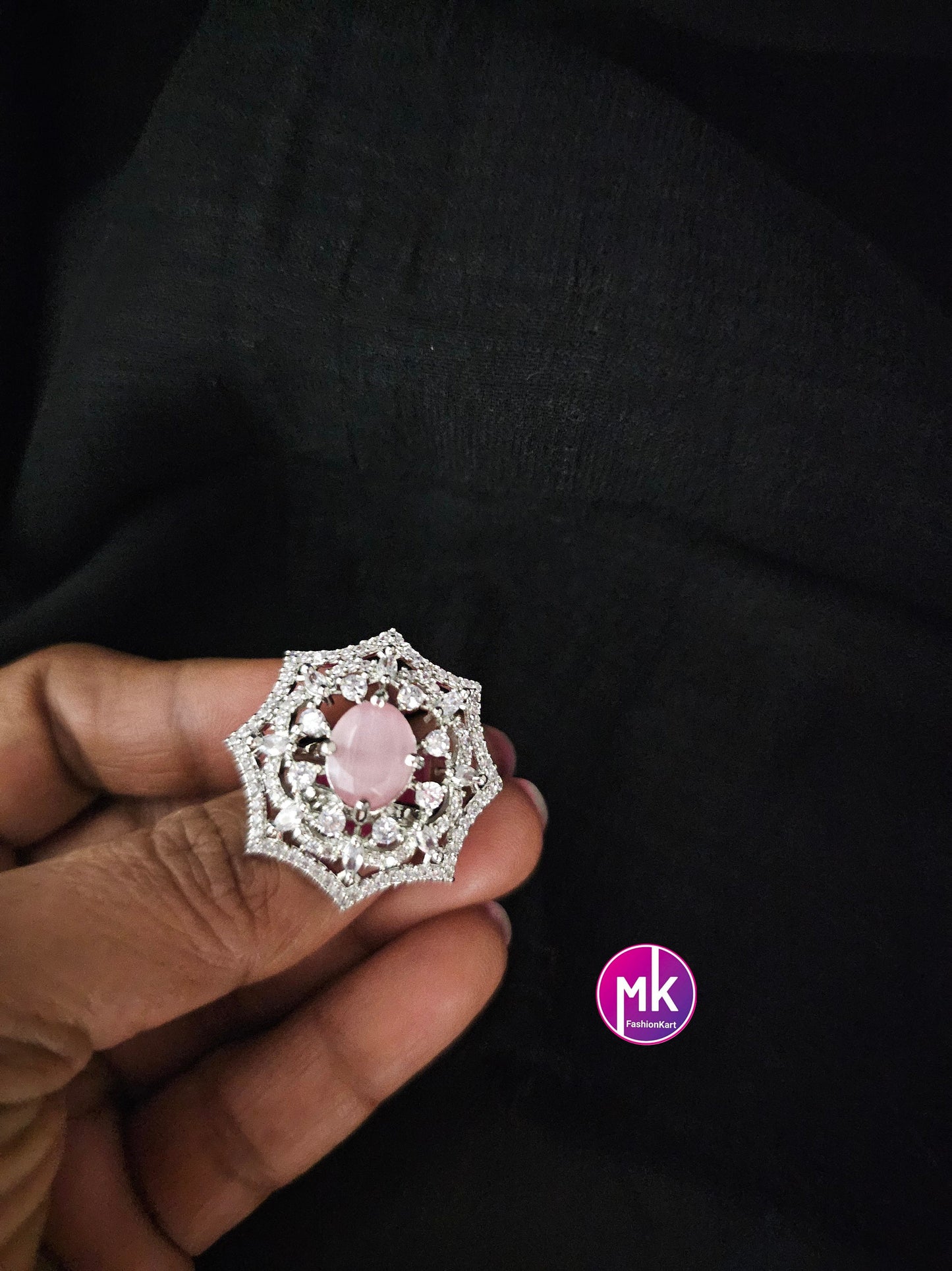 Silver Finish premium quality AD stones baby pink Finger Ring (Adjustable)/Bollywood Ring - MK Fashionkart