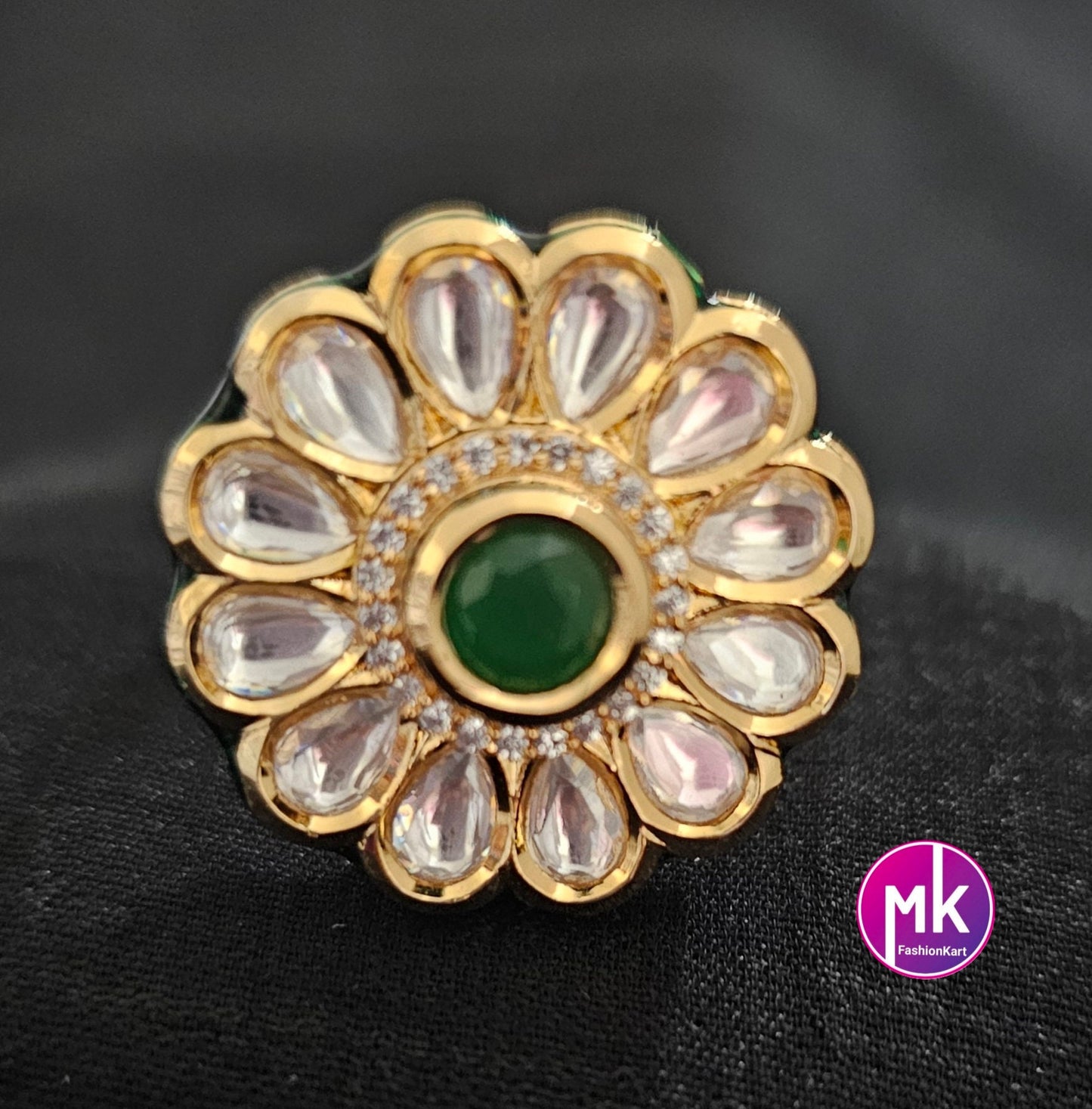 Bollywood Jaipur Kundan Polki Stone with Emerald Stone Finger Ring (Adjustable)/- MK Fashionkart