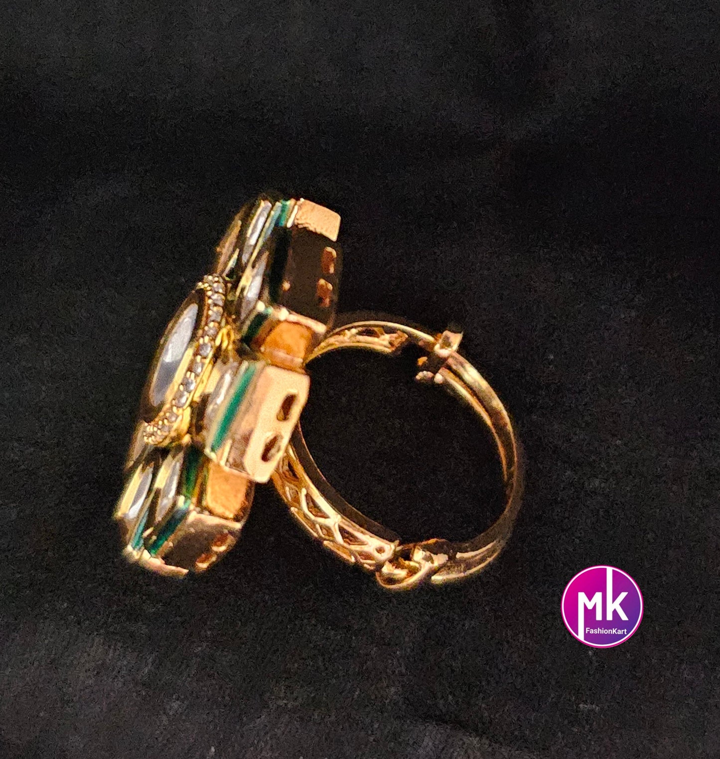 Bollywood Jaipur Kundan Polki Stone with Cubic Zirconia Stone Finger Ring (Adjustable)/- MK Fashionkart