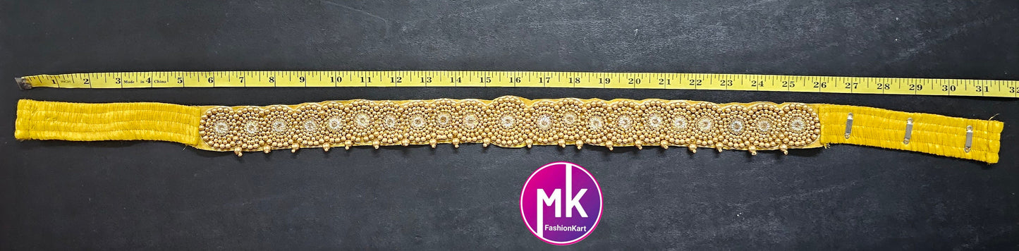 Golden Aari work and Stone work Hip Belt with hanging golden pearls with Elastic adjustable hooks - Saree Belt - waist belt Saree Lehenga
