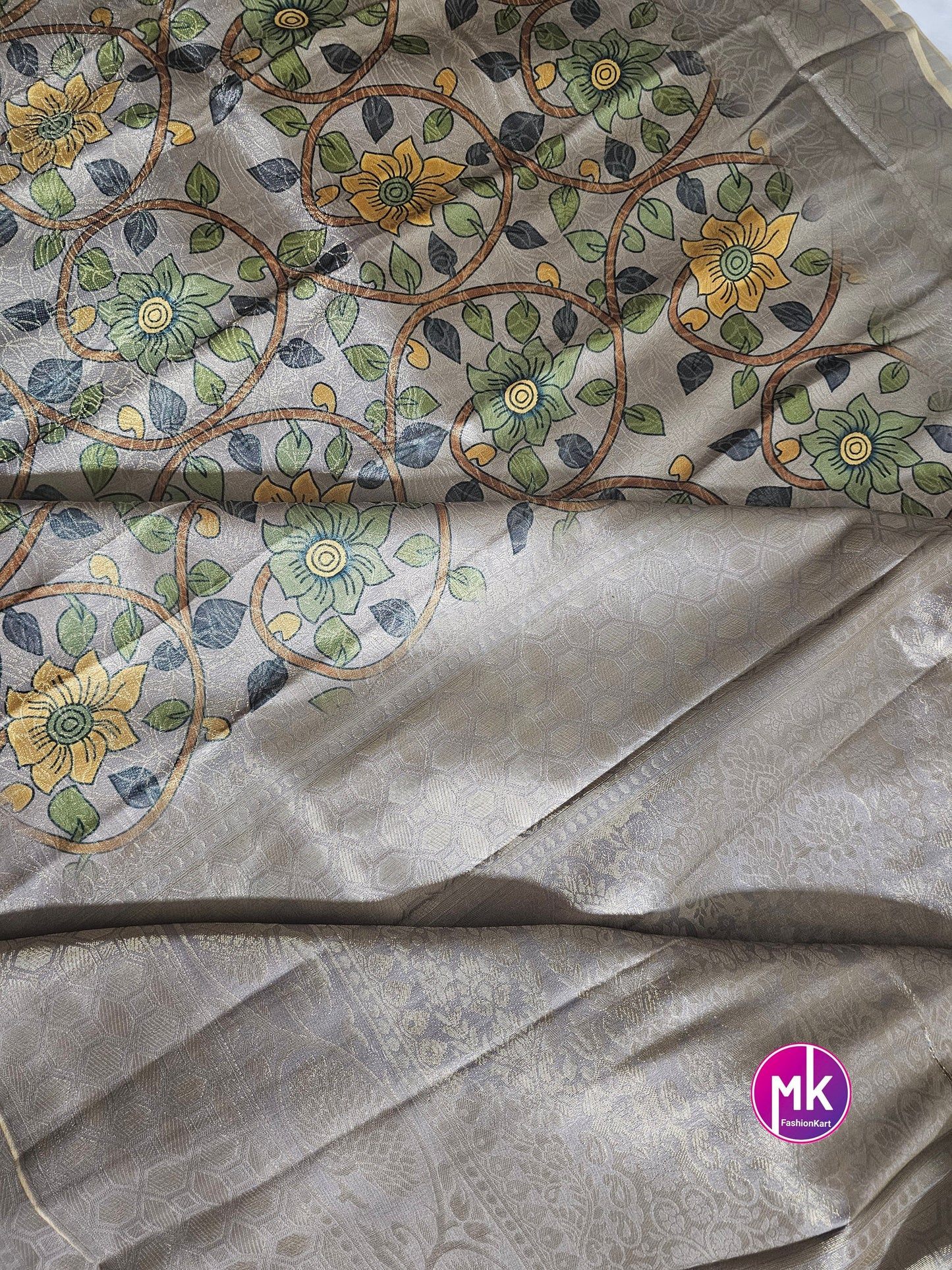 Softy silk zari weaving floral digital print comes with rich zari weaving pallu ��- Running Blouse cloth with sleeves border - MK Fashionkart