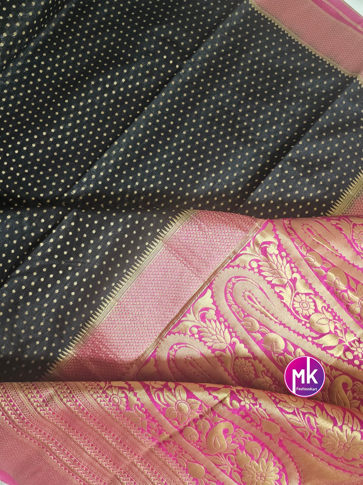 Pure Khaddi Crystal georgette with the richness of zari border - Black with Rani pink Saree and Running blouse (unstitched) - MK Fashionkart