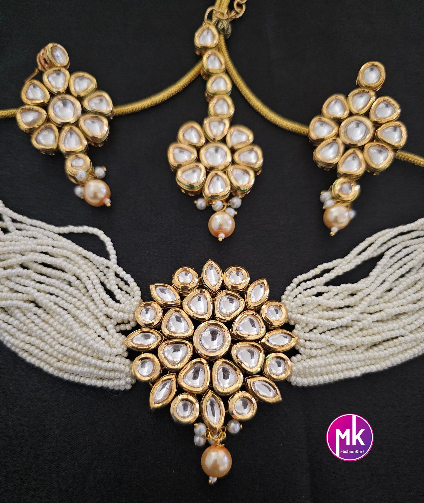 Premium Quality Gold polish Kundan Polki Bridal Choker with multi-strand piroyi pearls with Polki Earrings and Tikka - MK Fashionkart