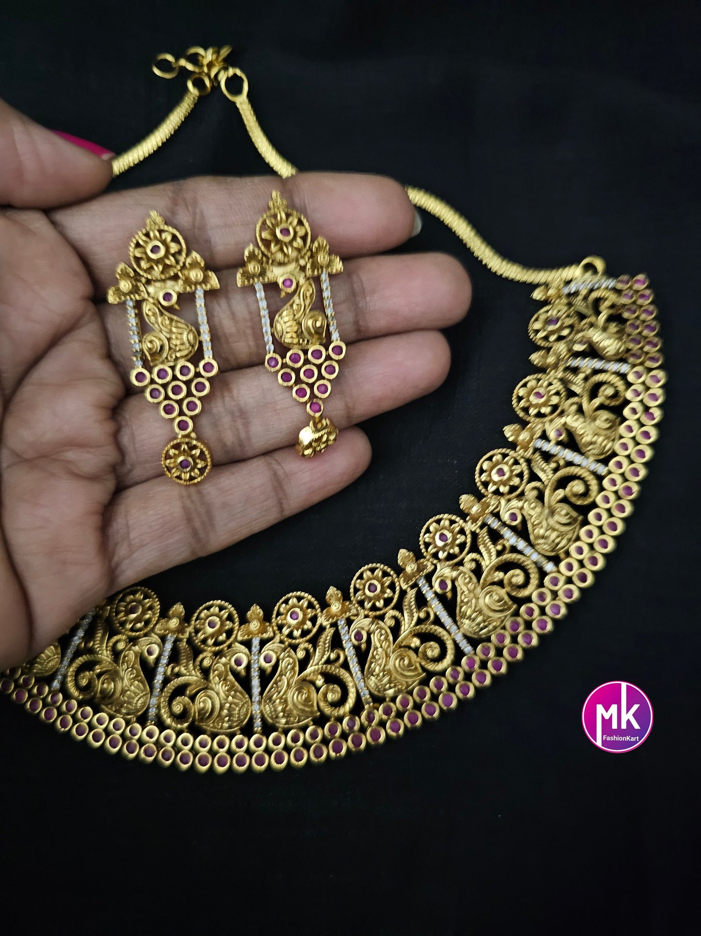 Premium Peacock Traditional matte gold finish big Bridal Necklace with AD Stones with Matching Big Earrings - MK Fashionkart