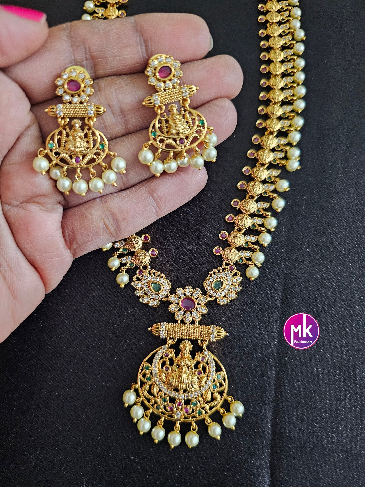 Lakshmi Premium quality Matte gold finish AD/CZ Haram with cute Earrings - Traditional Jewelry - MK Fashionkart