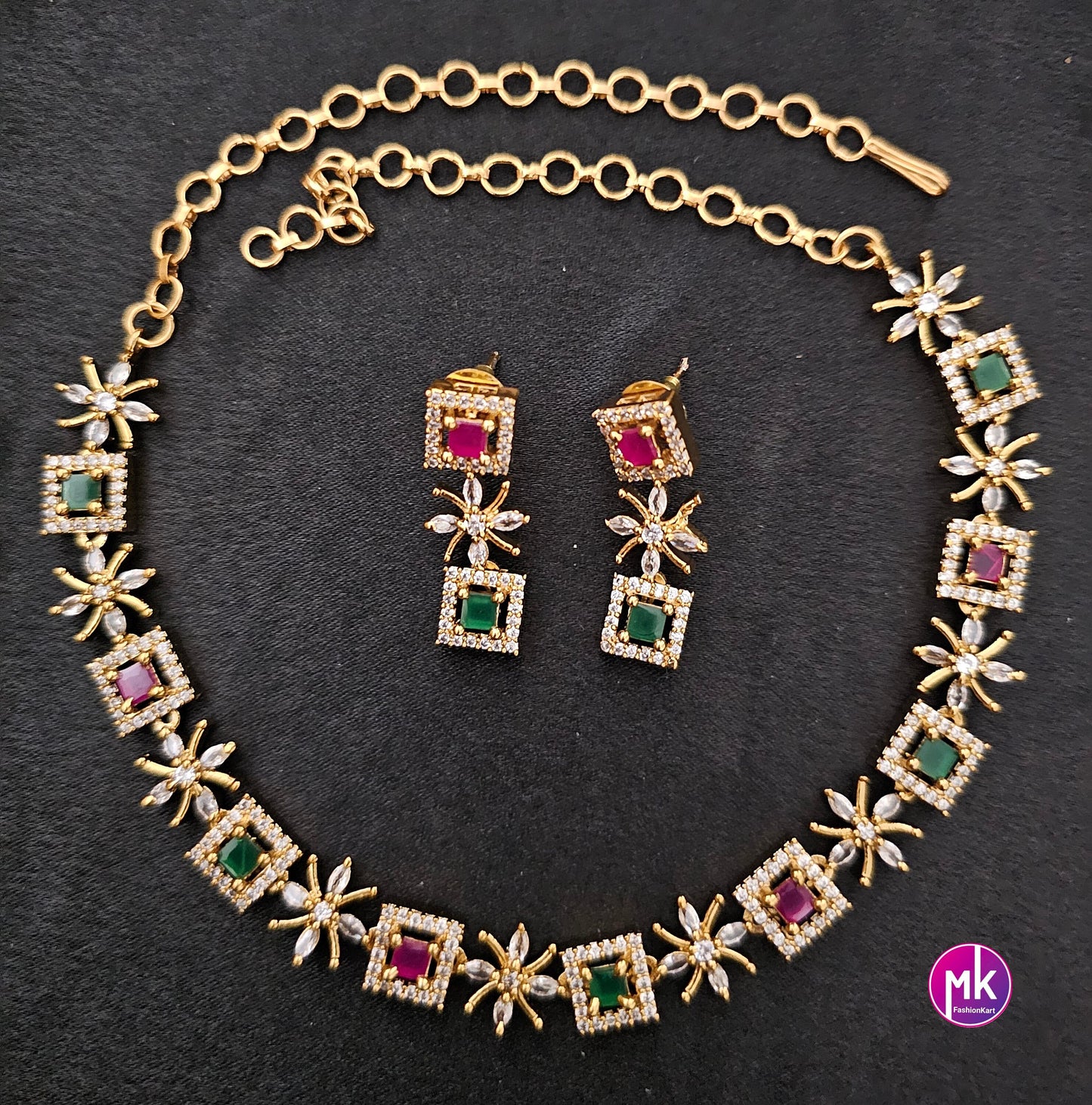 Premium polish Gold finish Necklace with AD stones and matching Earrings - Trendy Necklace - Adult cum Teen Necklace - MK Fashionkart