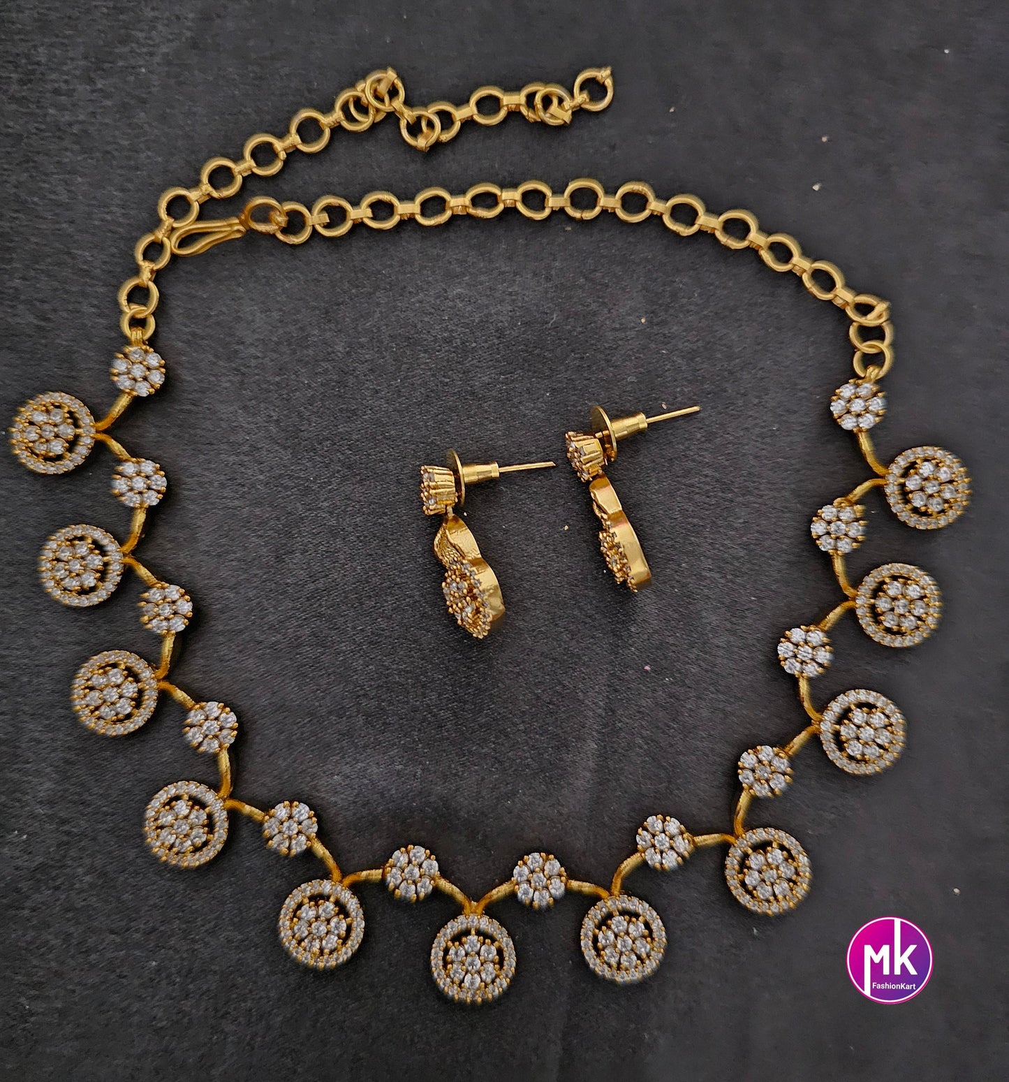 Flower type Matte Gold finish AD stone necklace w matching Earrings - Traditional Trendy Necklace - Adult cum Teen Necklace - MK Fashionkart