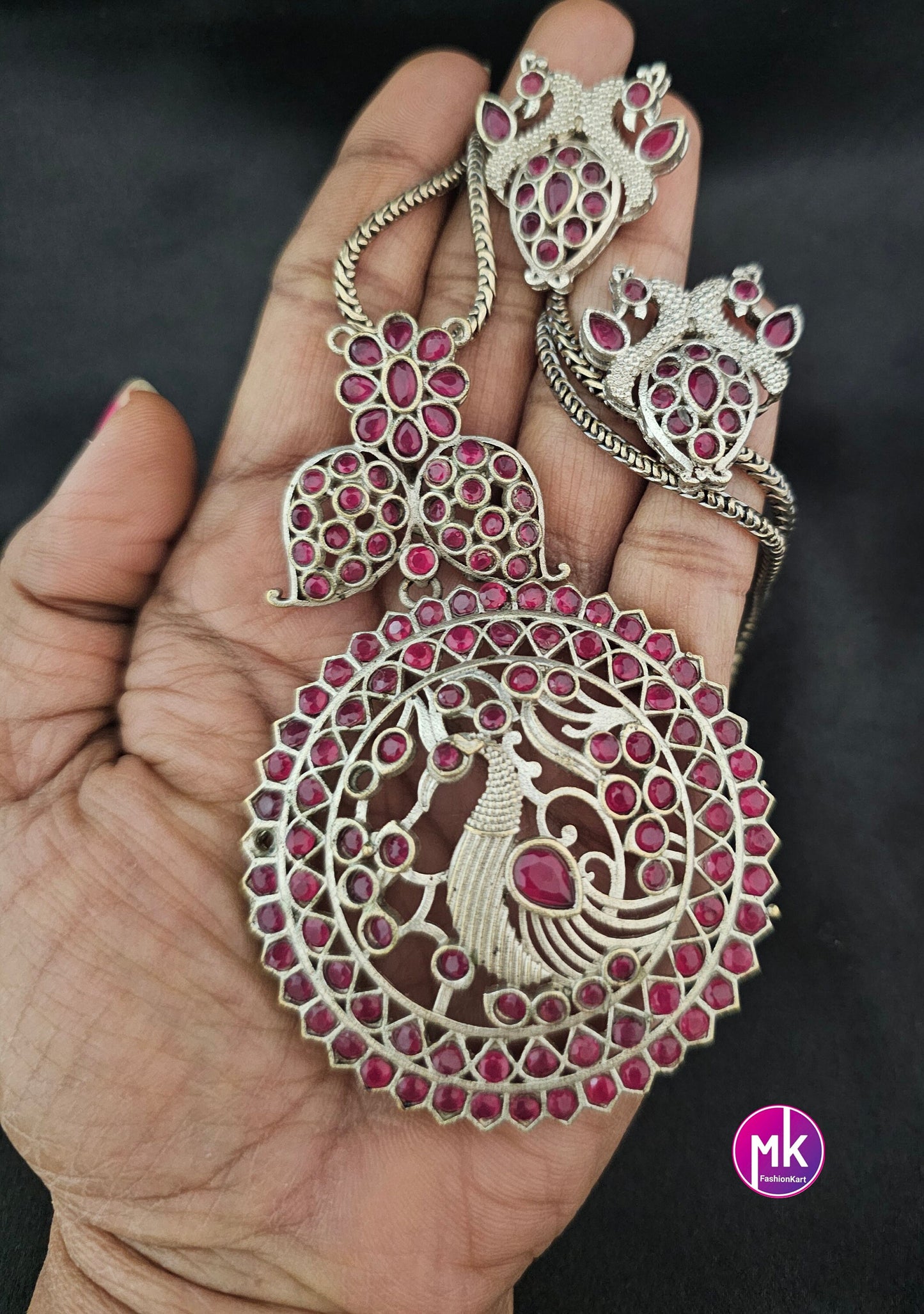 Peacock design oxidized silver pink stone chain with big pendent matching Earrings - MK Fashionkart - Fashion Jewelry