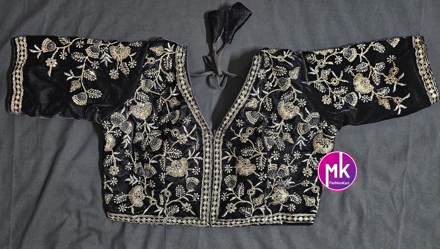 Shinning crystal silk sarees with sequence and zari embroidered all over saree with velvet embroidered readymade blouse - MK Fashionkart