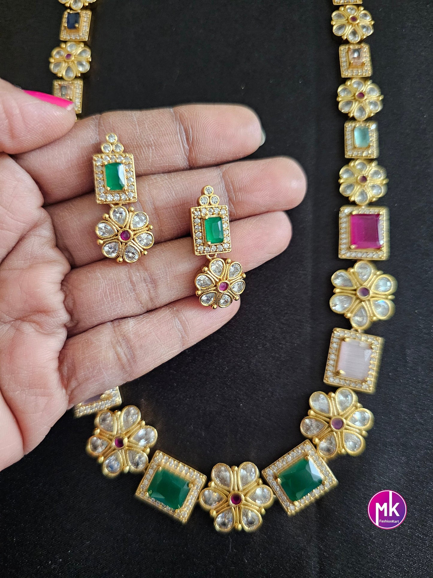 Premium quality Multi-color AD/CZ stone Flower design Haram with cute Earrings - Gold Jewelry Replica Haram - MK Fashionkart