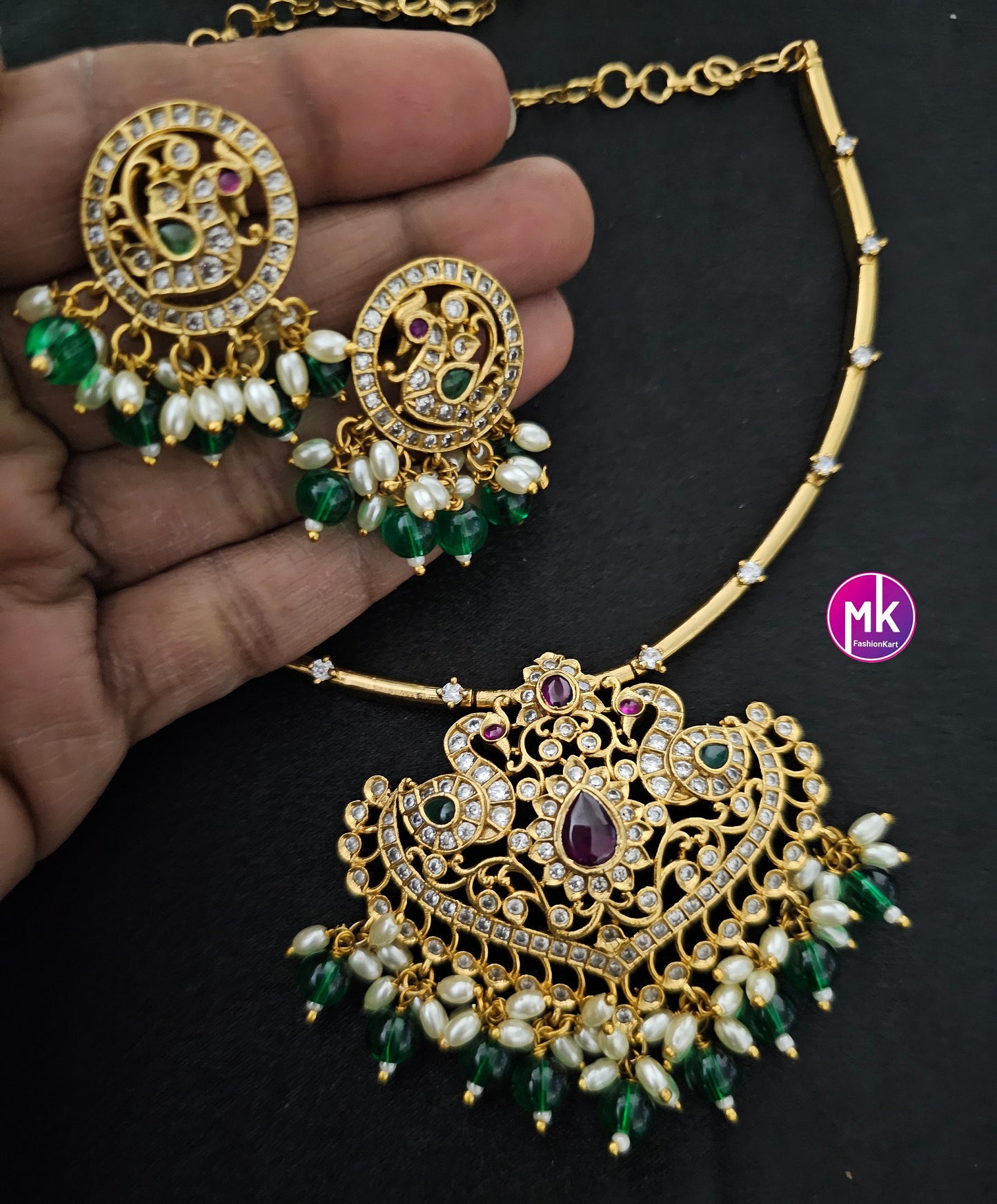 Premium Matte gold finish AD stone necklace with hanging pears beads with matching Earrings - Trendy and Traditional Necklace MK Fashionkart