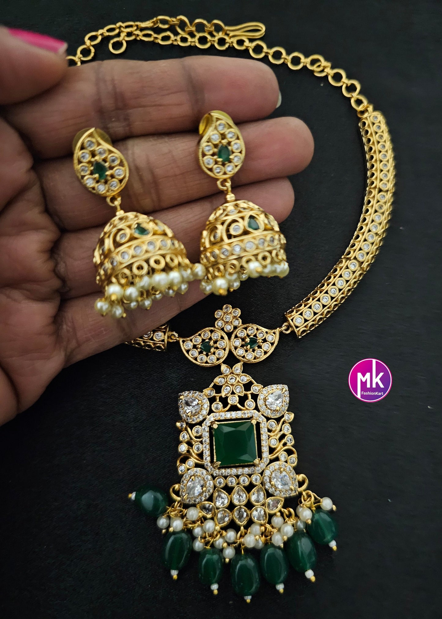 Premium Quality Hasli type stone necklace with matching Jhumki - Trendy Necklace - MK Fashionkart