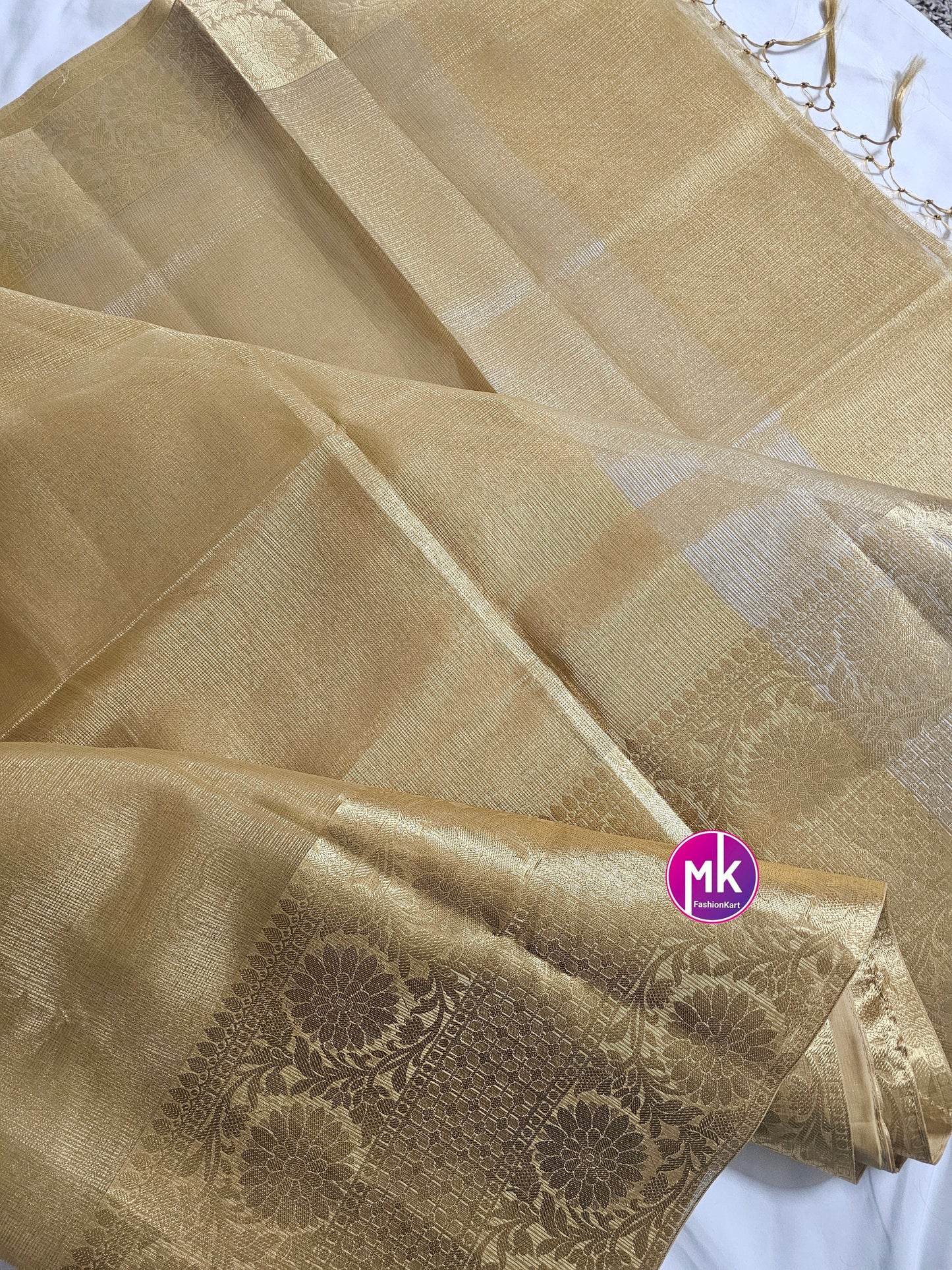 Celebrity Style Golden Soft tissue silk saree w rich pallu - Saree w running blouse (unstitched) - Beautiful Golden Saree - MK Fashionkart