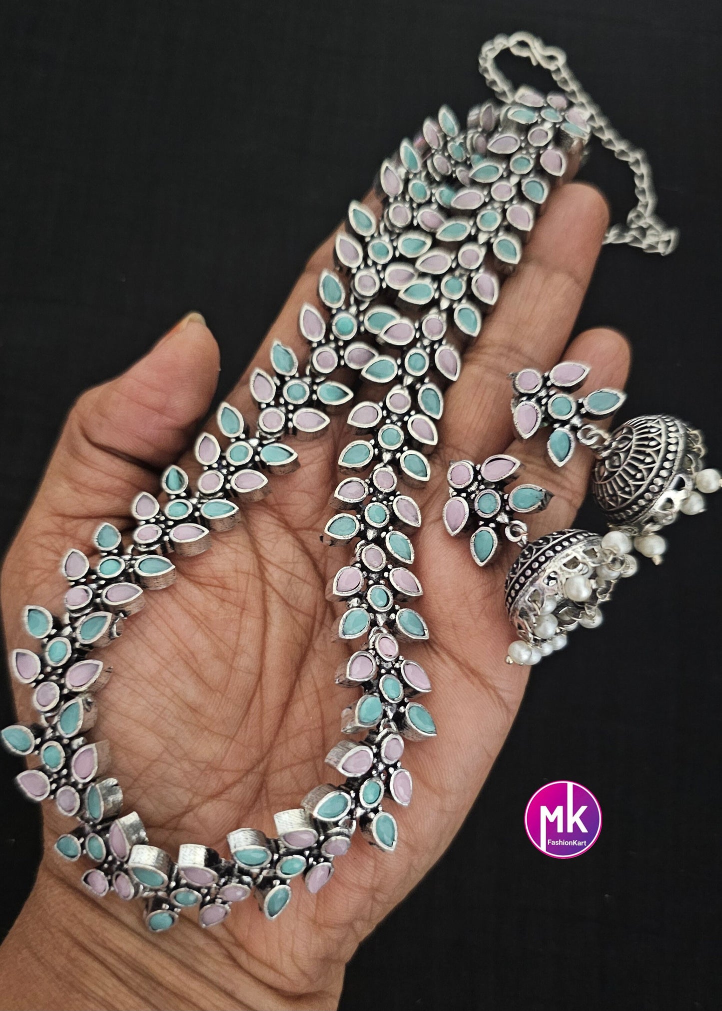 Leaves design Oxidized silver baby pink and teel blue stone Haram with matching long Jhumka - MK Fashionkart - Fashion Jewelry