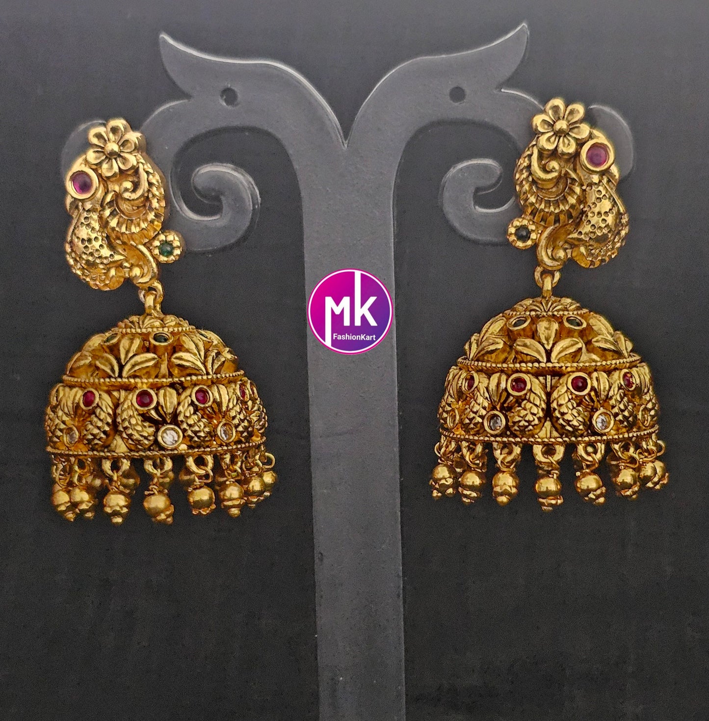 Peacock Premium Quality Gold finish AD stone Jhumka with Hanging gold balls - MK Fashionkart - Fashion Jewelry