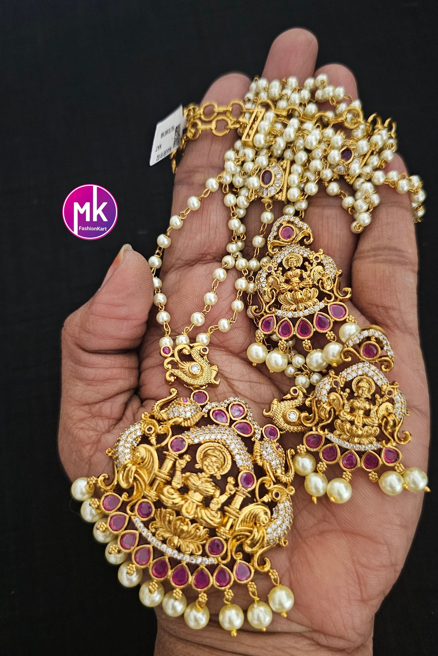 Lakshmi Peacock Premium quality Pendent with multi-layer Pearl mala - AD and Kemp stone long mala with matching Earrings - MK Fashionkart