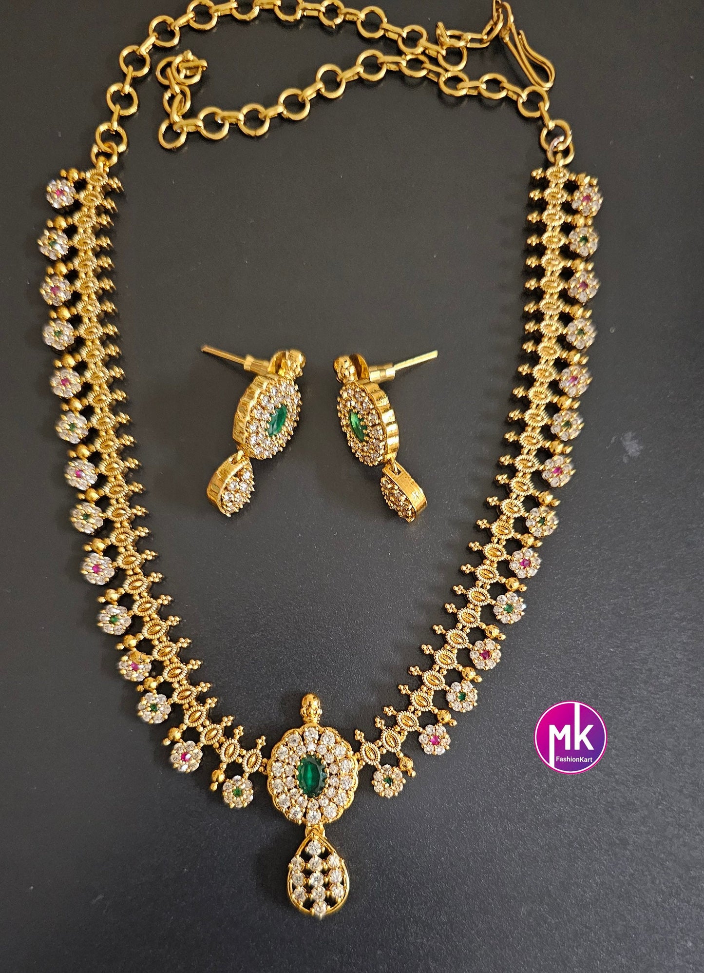 Flower design Matte gold finish AD stone necklace with matching Earrings - Traditional Jewelry - Adult cum Teen Necklace - MK Fashionkart