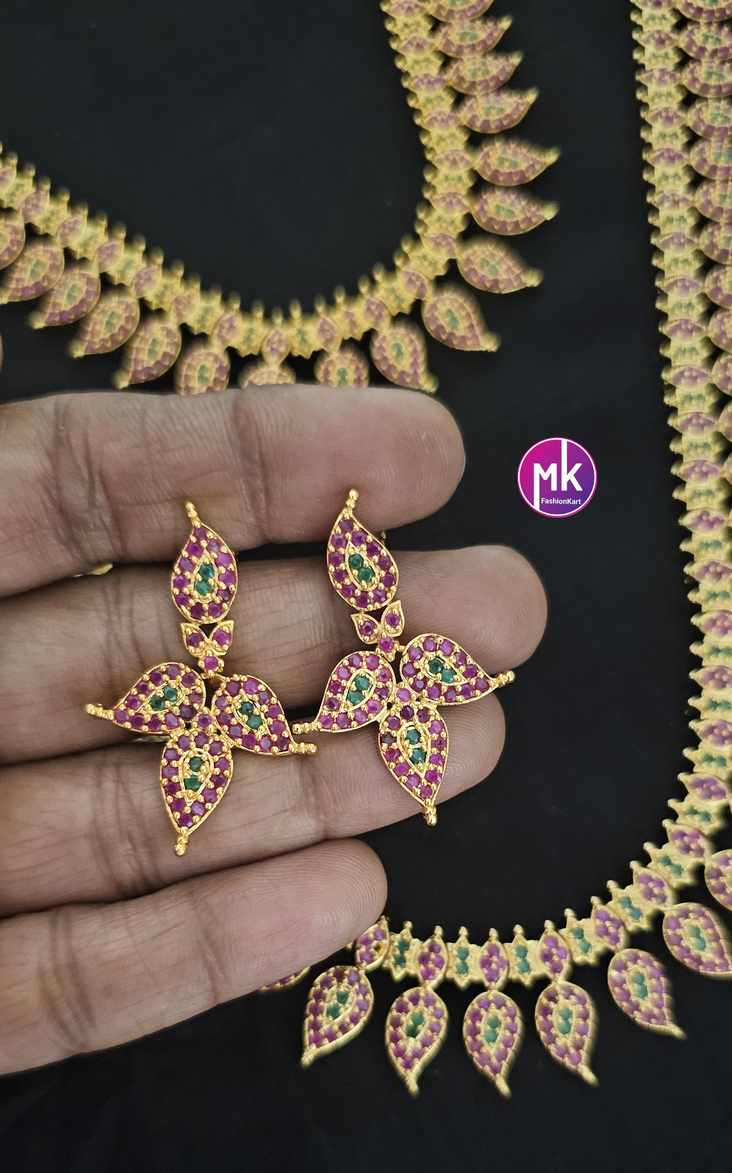 Premium quality Combo AD Ruby Gold finish long Haram, Necklace with matching Earrings - Gold Jewelry Replica - Bridal Combo set
