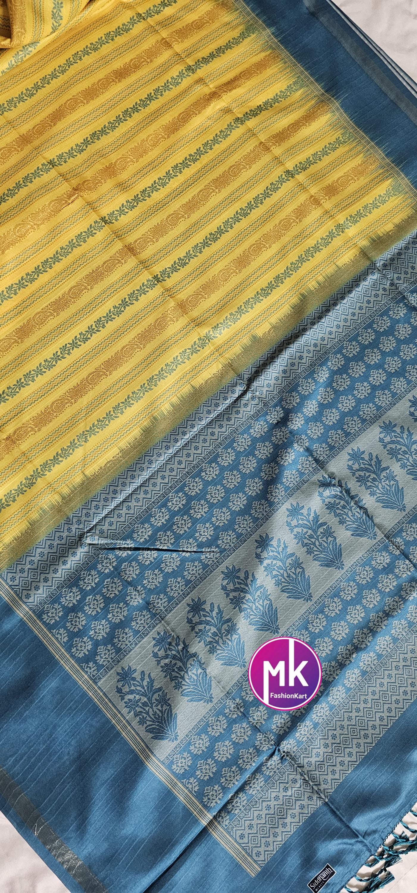 Soft Linen Banarasi cotton Silk w jari weaving rich pallu Saree heavy silk base butti jaquard running blouse (unstitched) - MK Fashionkart