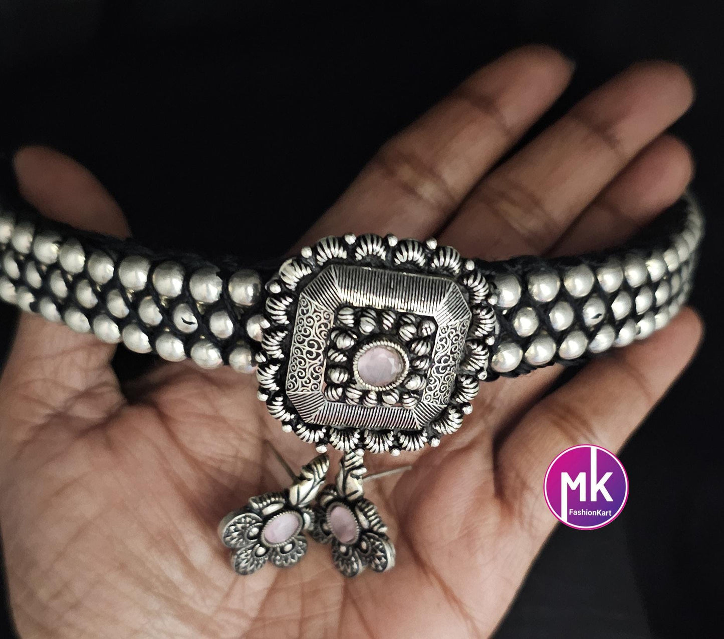 Premium quality partywear Oxidized silver Pink stone Choker with matching Earrings - MK Fashionkart