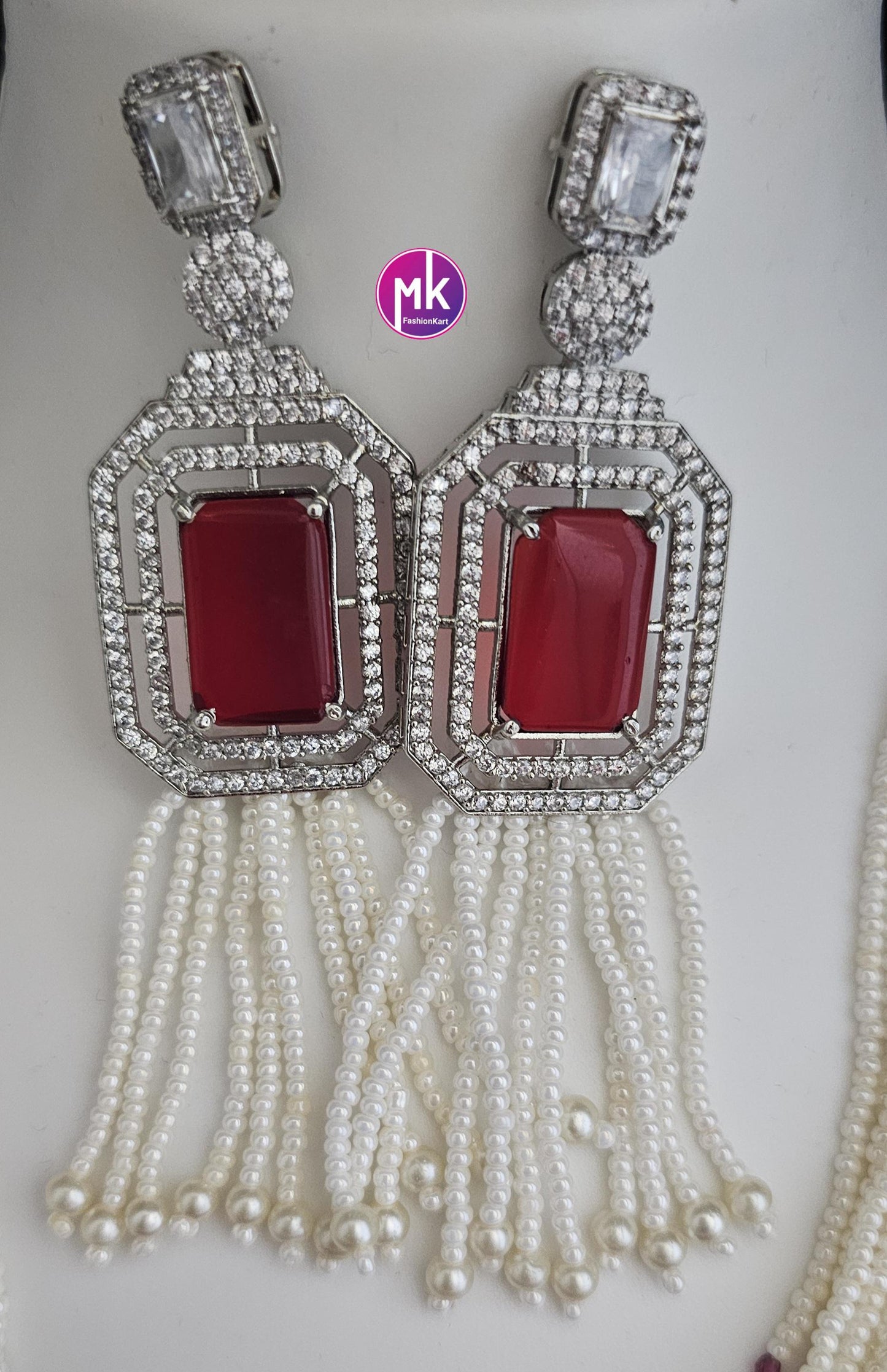 Celebrity Style Premium Silver finish Silver AD/CZ stone Choker with multi-strand piroyi pearls with Beautiful Earrings - MK Fashionkart