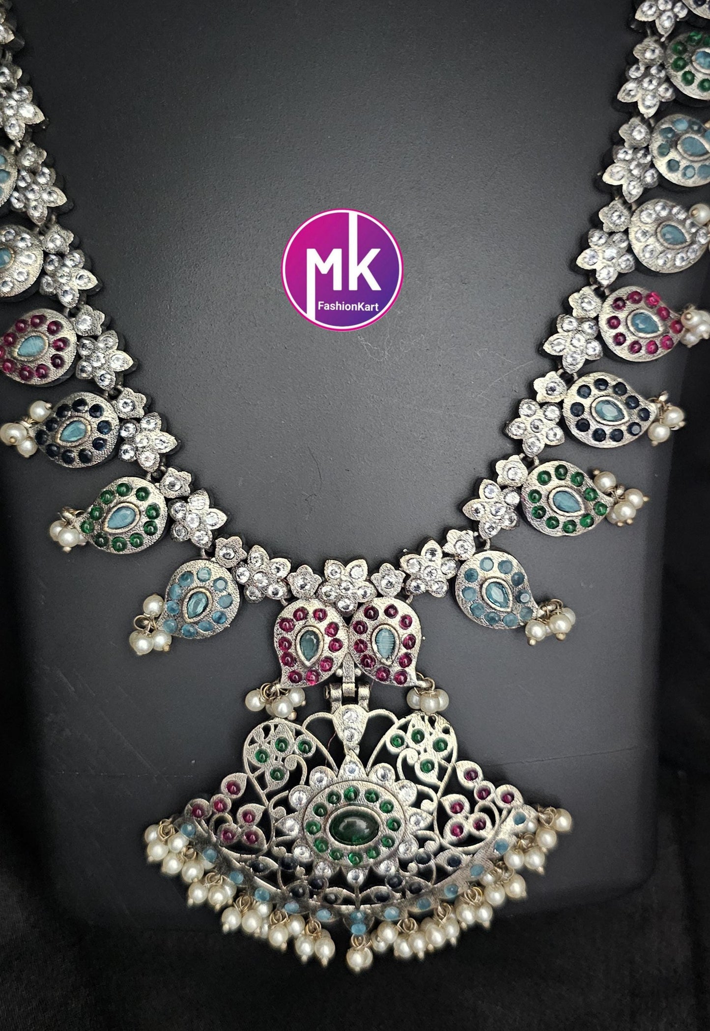 Celebrity Style Premium Quality pure German Silver finish Mango long Haram matching Earrings - Look like Silver Replica set - MK Fashionkart