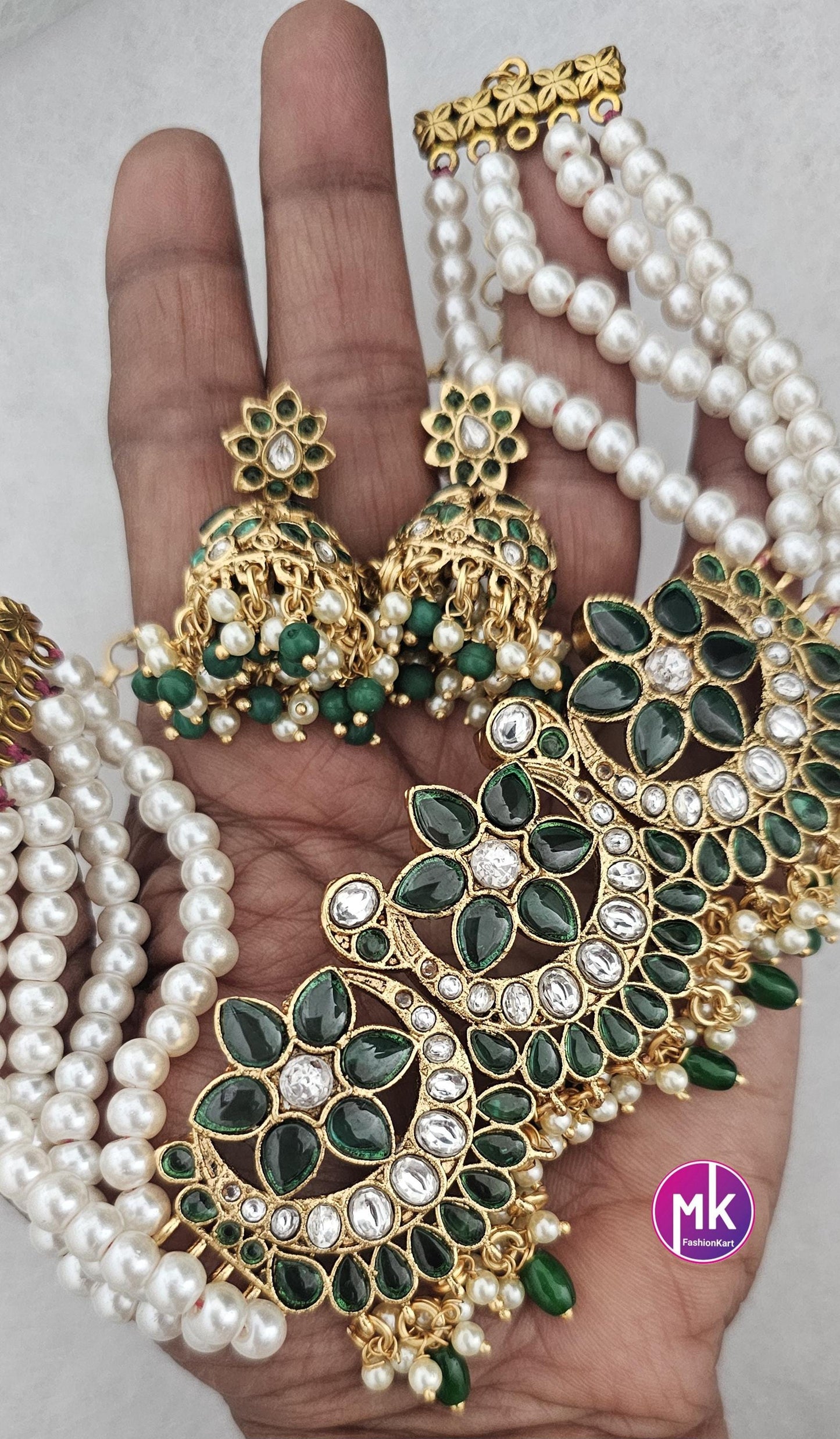 Emerald stone Premium Quality Gold polish Kundan Polki Bridal Choker with multi-strand pearls with Polki Jhumka - MK Fashionkart