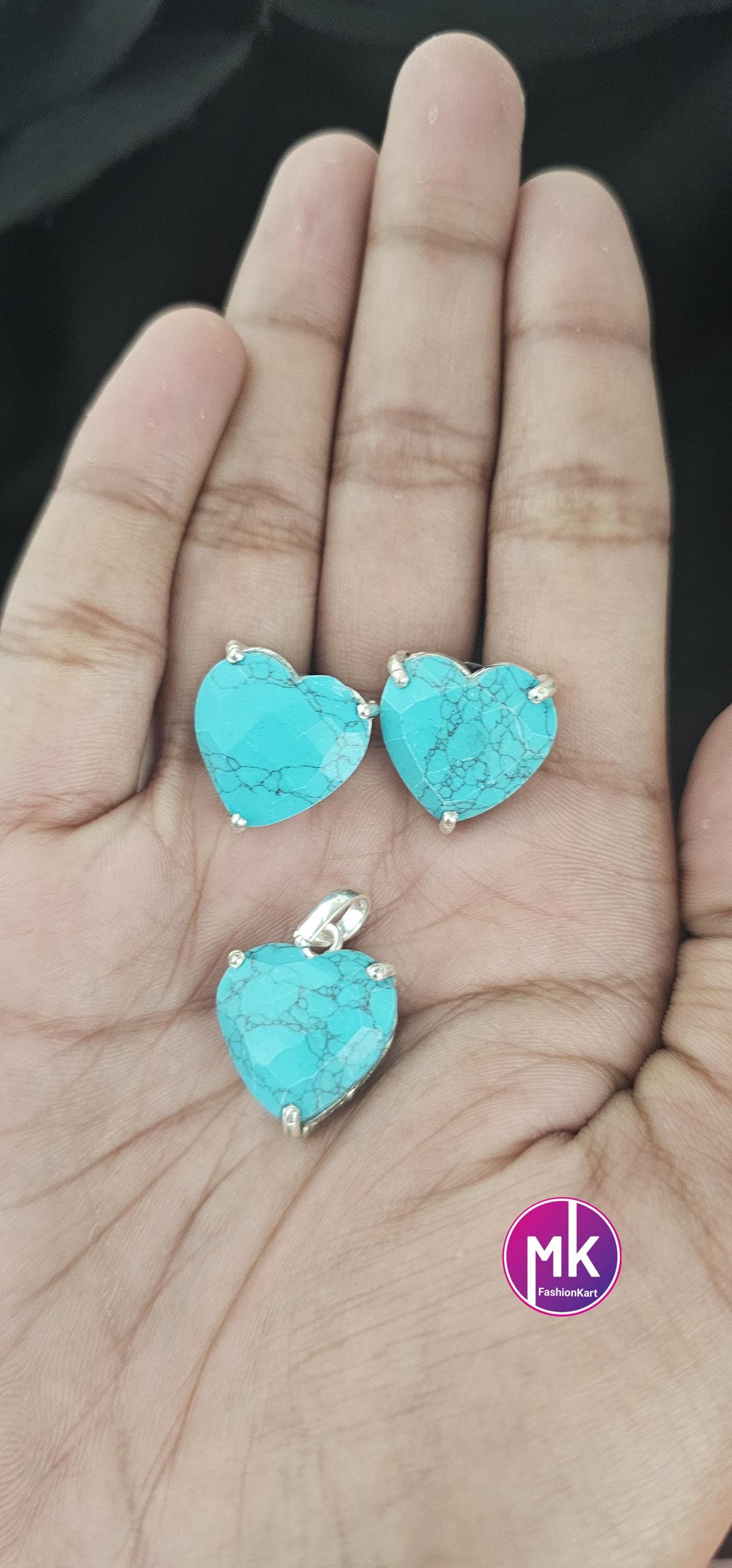 Turquoise Silver finish Pendent Set - Silver finish Pendent with matching Earrings - MK Fashionkart - Fashion Jewelry